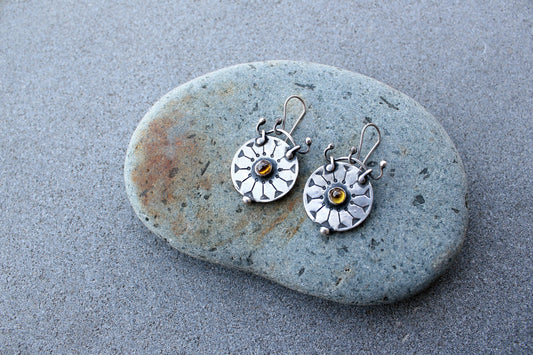 Sterling silver stamped round artisan earrings with yellow corundum gemstone, armenian, silversmith jewelry, summer sun, wheel, gift for her