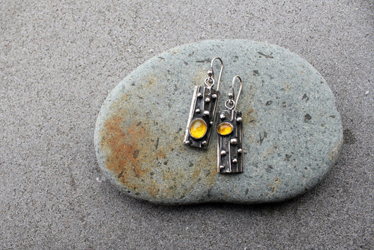 Sterling silver asymmetrical textured earrings with yellow corundum, rustic, silversmith jewelry, boho, artisan, tree bark, gift for mom
