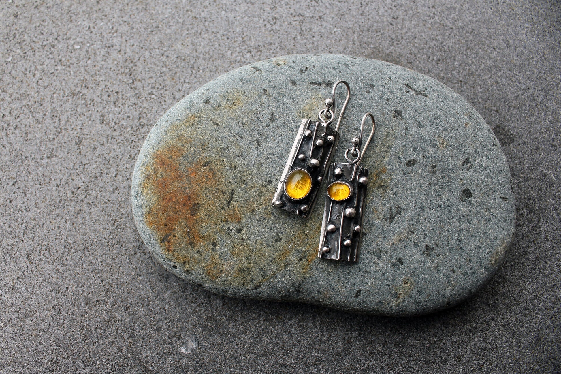 Sterling silver asymmetrical textured earrings with yellow corundum, rustic, silversmith jewelry, boho, artisan, tree bark, gift for mom