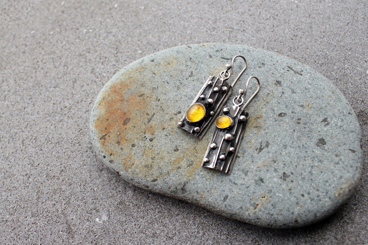 Sterling silver asymmetrical textured earrings with yellow corundum, rustic, silversmith jewelry, boho, artisan, tree bark, gift for mom