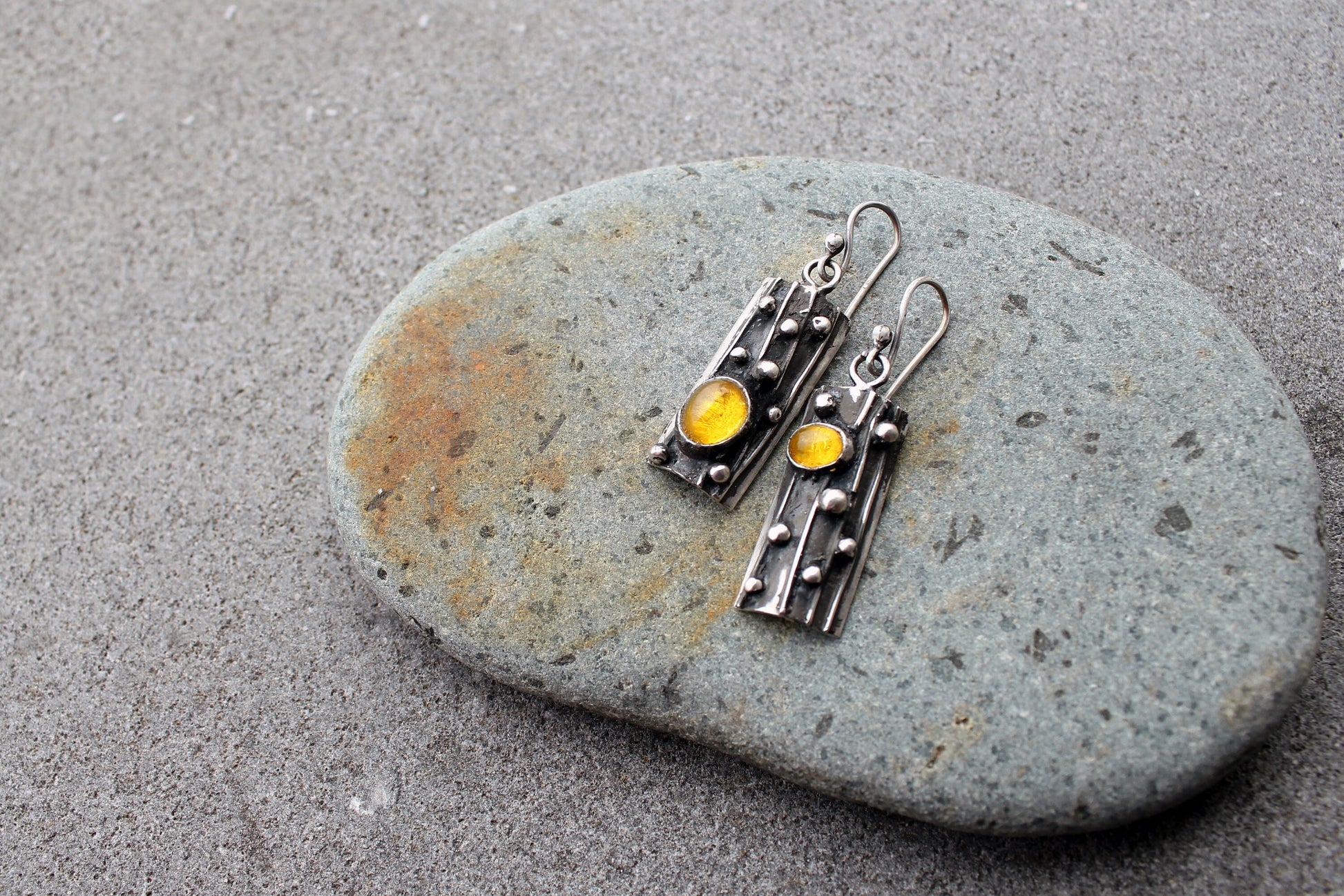 Sterling silver asymmetrical textured earrings with yellow corundum, rustic, silversmith jewelry, boho, artisan, tree bark, gift for mom
