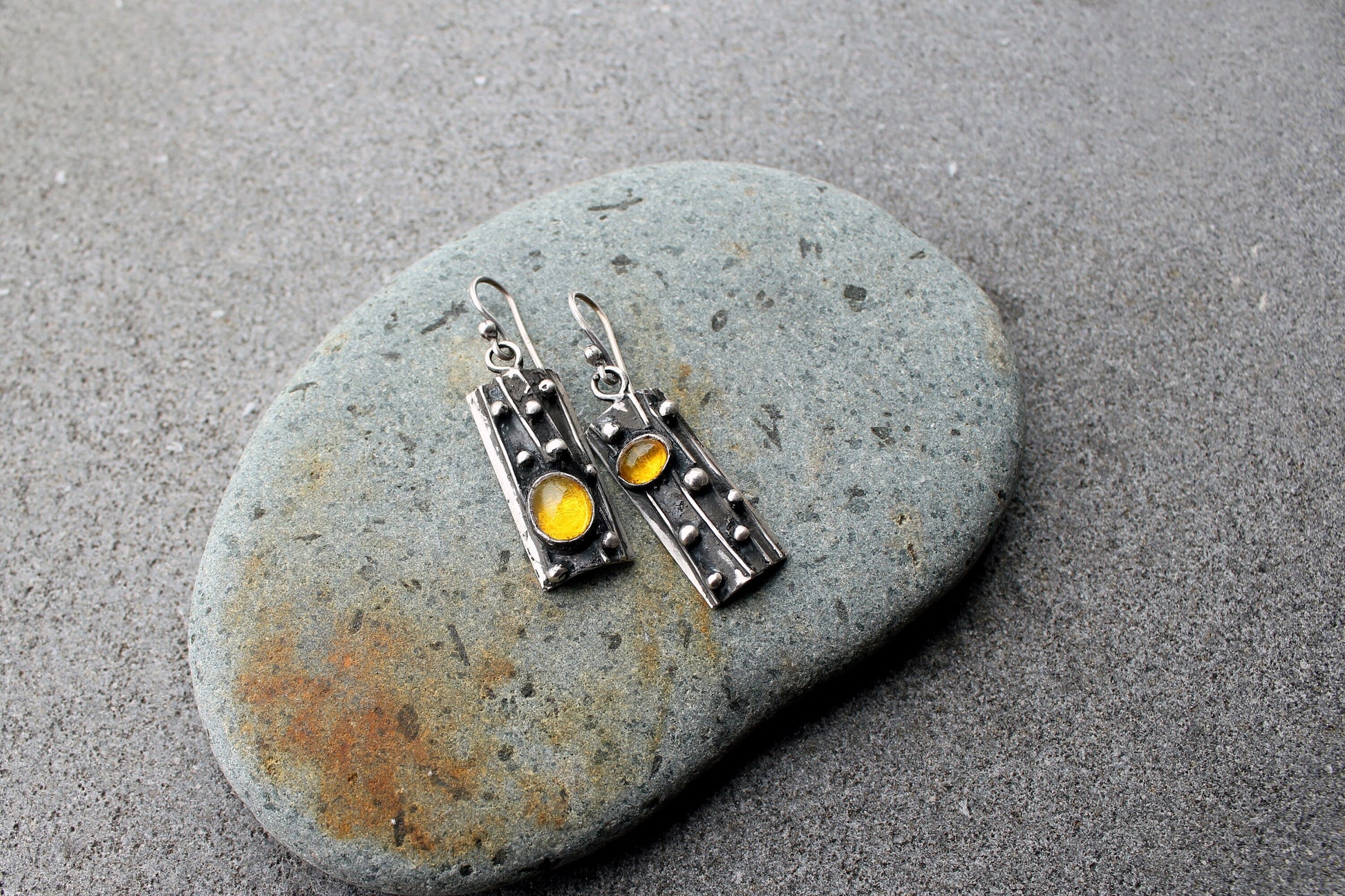 Sterling silver asymmetrical textured earrings with yellow corundum, rustic, silversmith jewelry, boho, artisan, tree bark, gift for mom