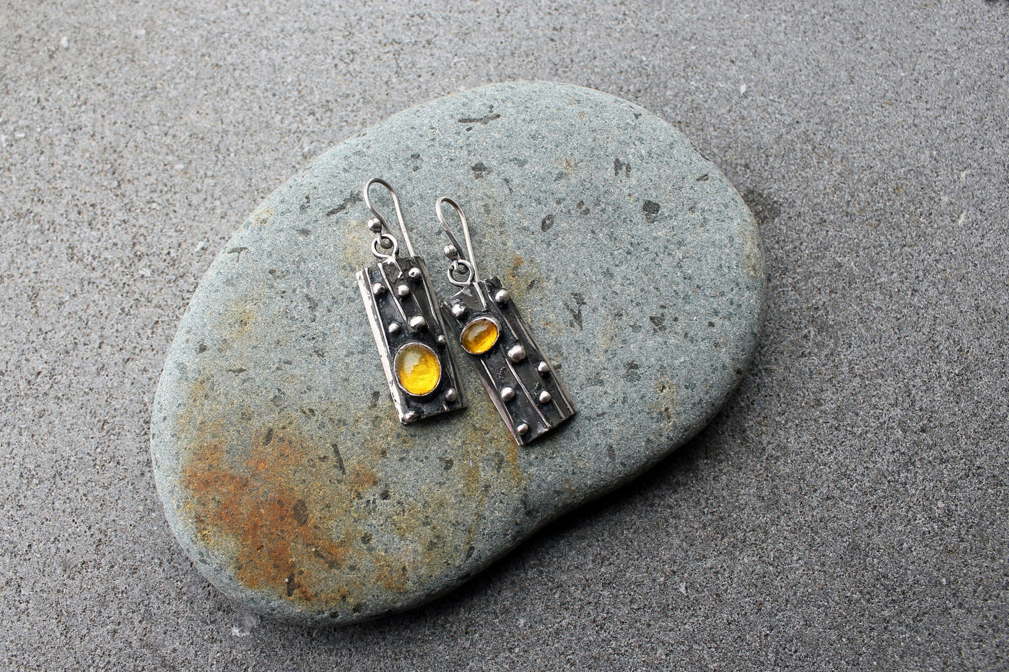Sterling silver asymmetrical textured earrings with yellow corundum, rustic, silversmith jewelry, boho, artisan, tree bark, gift for mom