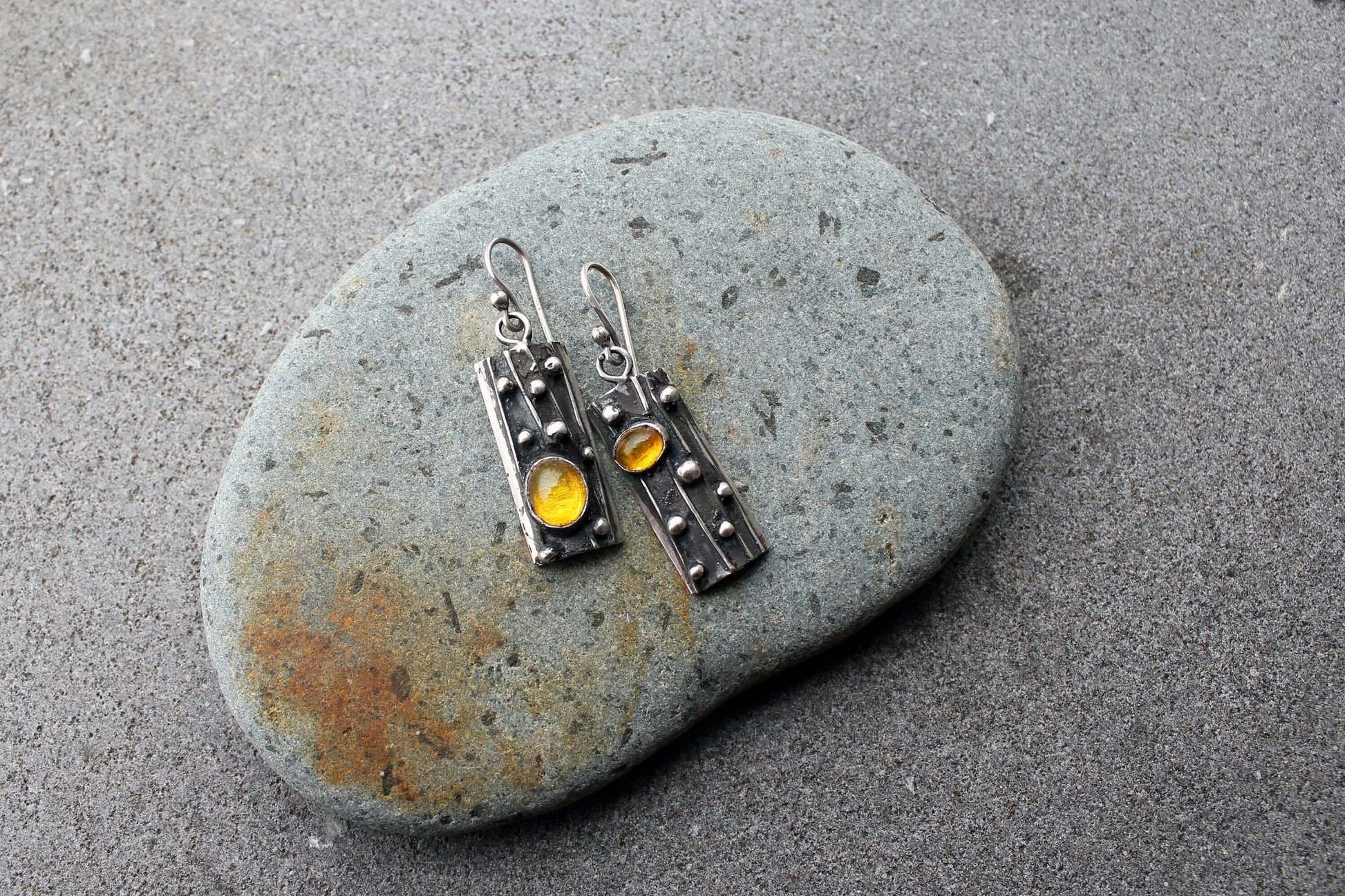 Sterling silver asymmetrical textured earrings with yellow corundum, rustic, silversmith jewelry, boho, artisan, tree bark, gift for mom
