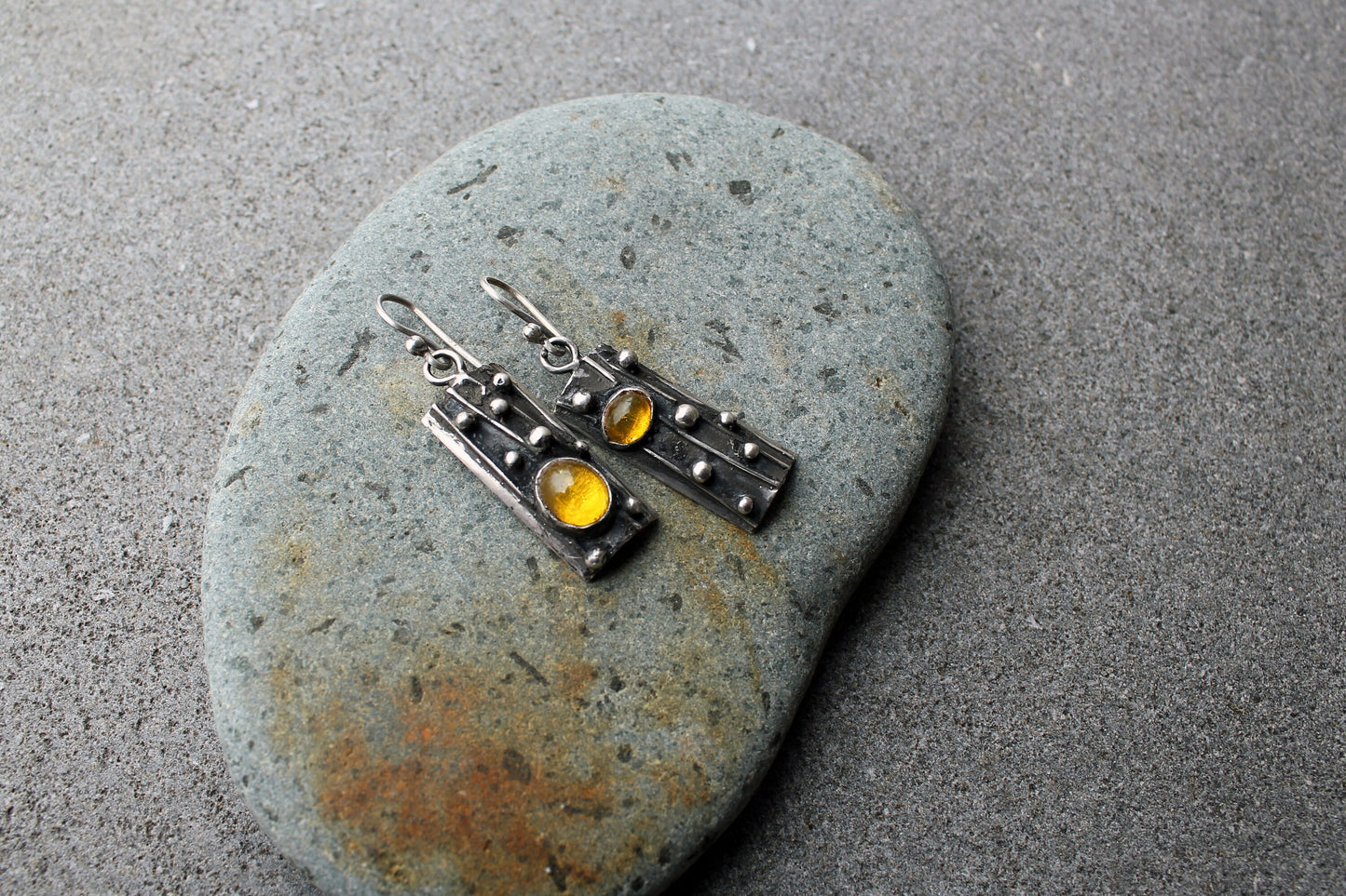 Sterling silver asymmetrical textured earrings with yellow corundum, rustic, silversmith jewelry, boho, artisan, tree bark, gift for mom