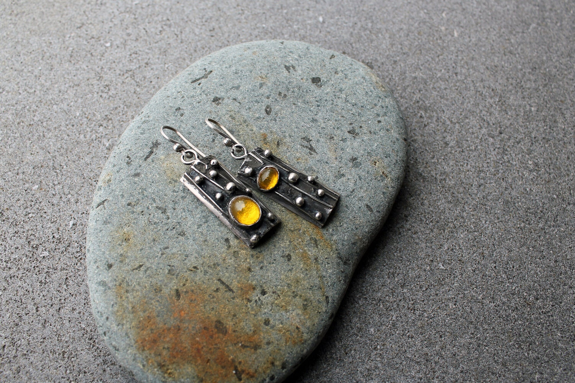 Sterling silver asymmetrical textured earrings with yellow corundum, rustic, silversmith jewelry, boho, artisan, tree bark, gift for mom