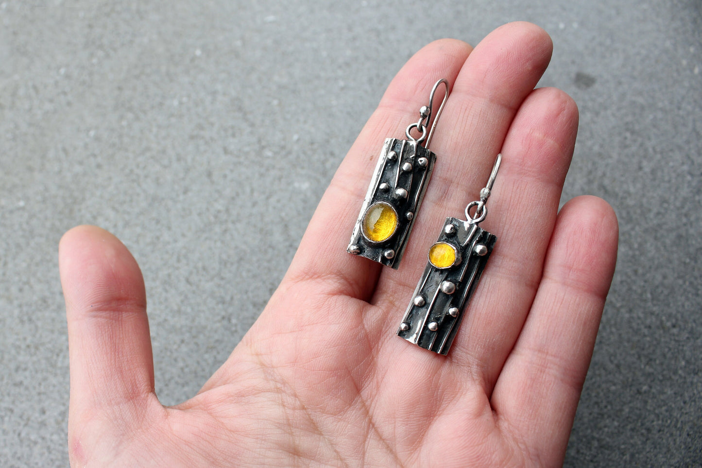 Sterling silver asymmetrical textured earrings with yellow corundum, rustic, silversmith jewelry, boho, artisan, tree bark, gift for mom