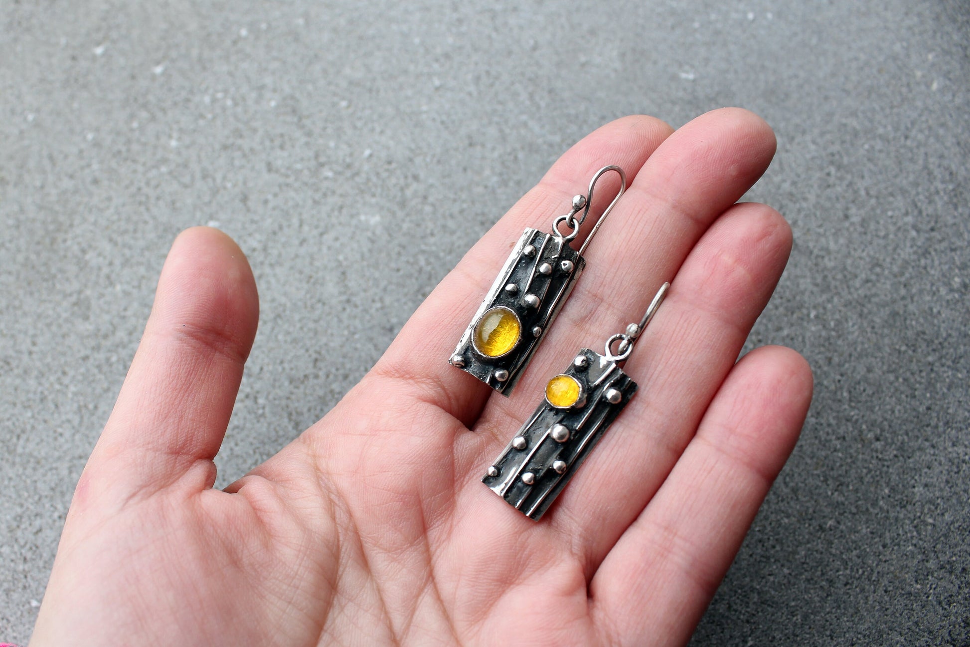 Sterling silver asymmetrical textured earrings with yellow corundum, rustic, silversmith jewelry, boho, artisan, tree bark, gift for mom