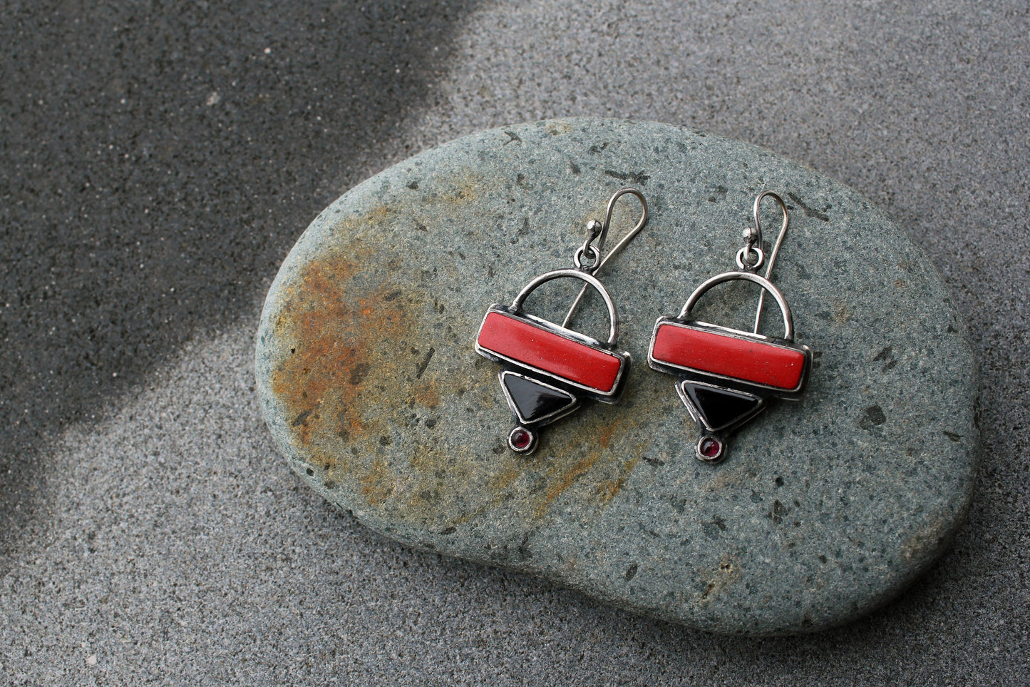 Sterling silver triangle earrings with red pressed coral, black onyx, garnet gemstones, armenian, rustic, silversmith, artisan, gift for her