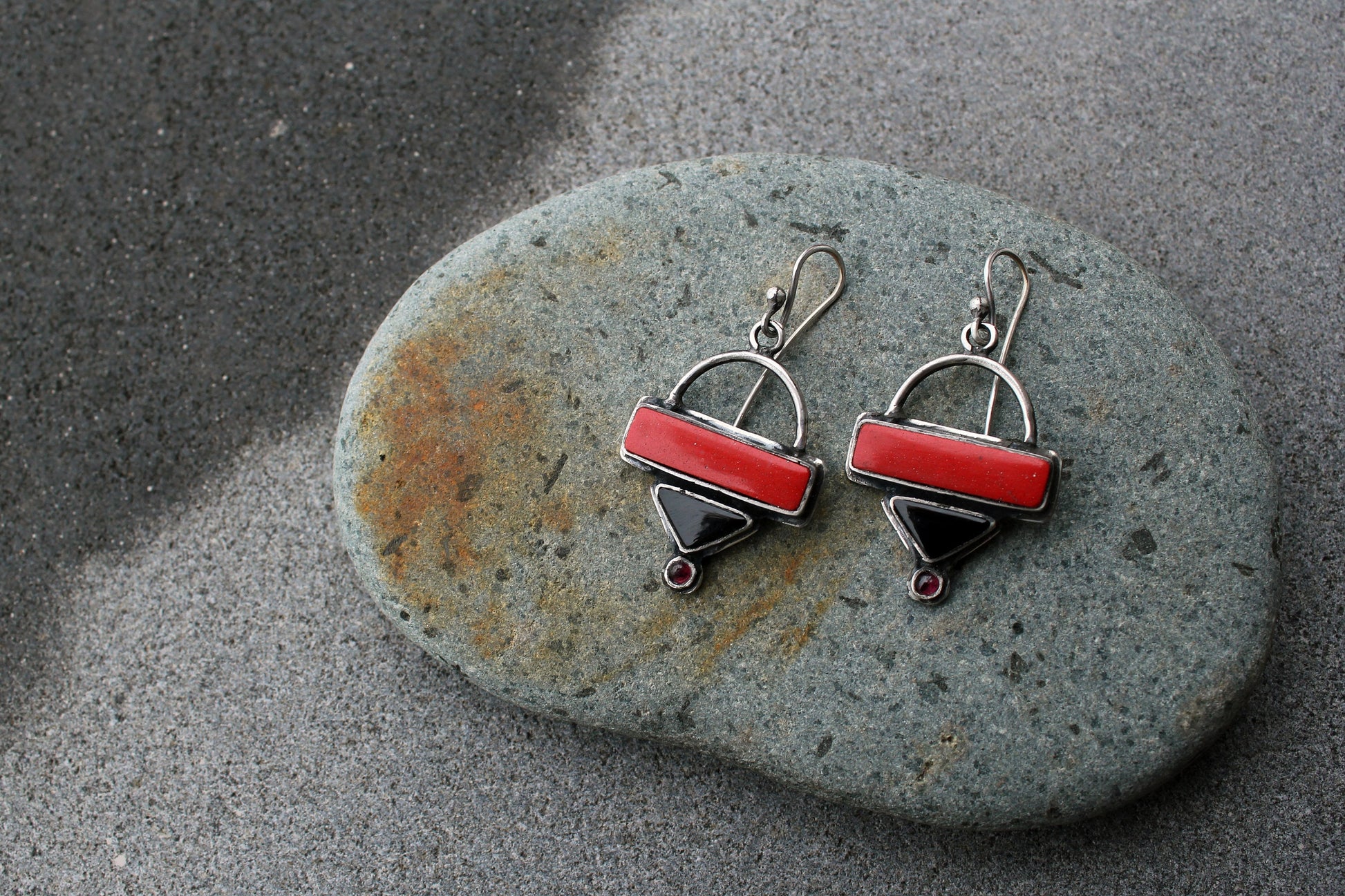 Sterling silver triangle earrings with red pressed coral, black onyx, garnet gemstones, armenian, rustic, silversmith, artisan, gift for her