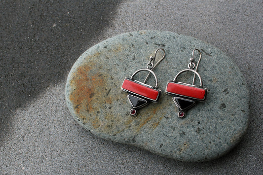 Sterling silver triangle earrings with red pressed coral, black onyx, garnet gemstones, armenian, rustic, silversmith, artisan, gift for her