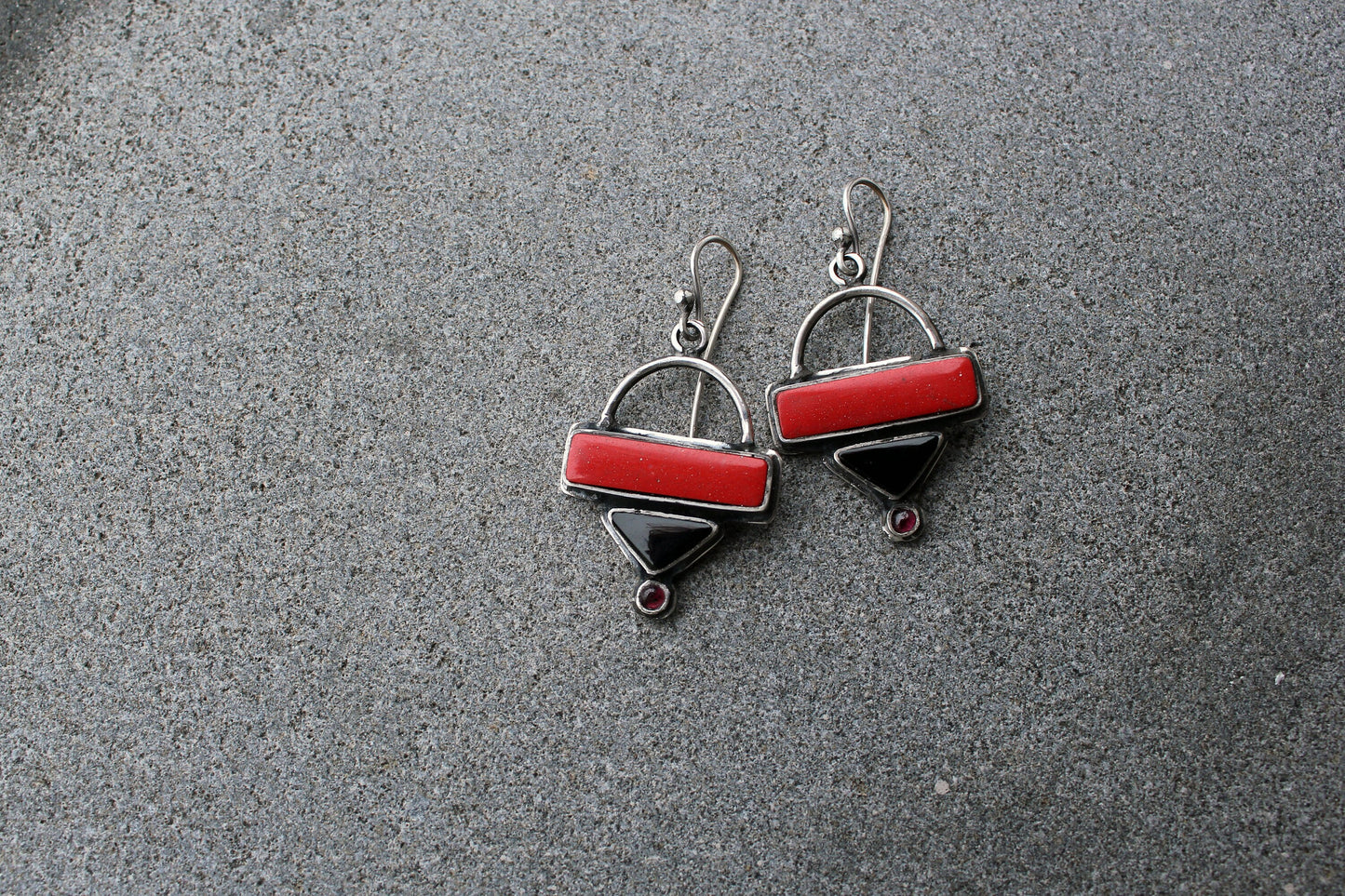 Sterling silver triangle earrings with red pressed coral, black onyx, garnet gemstones, armenian, rustic, silversmith, artisan, gift for her