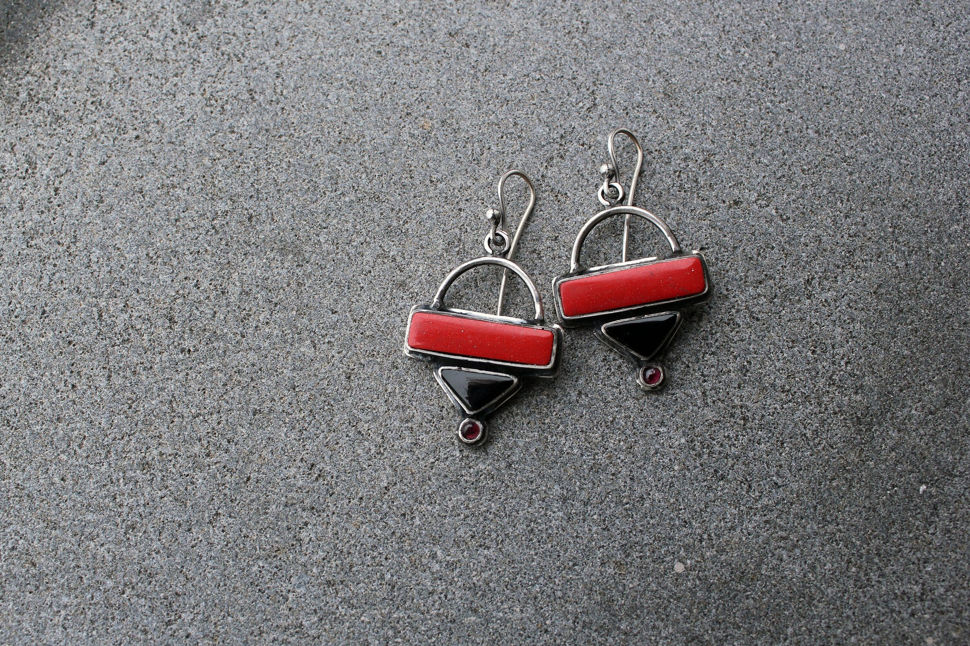 Sterling silver triangle earrings with red pressed coral, black onyx, garnet gemstones, armenian, rustic, silversmith, artisan, gift for her