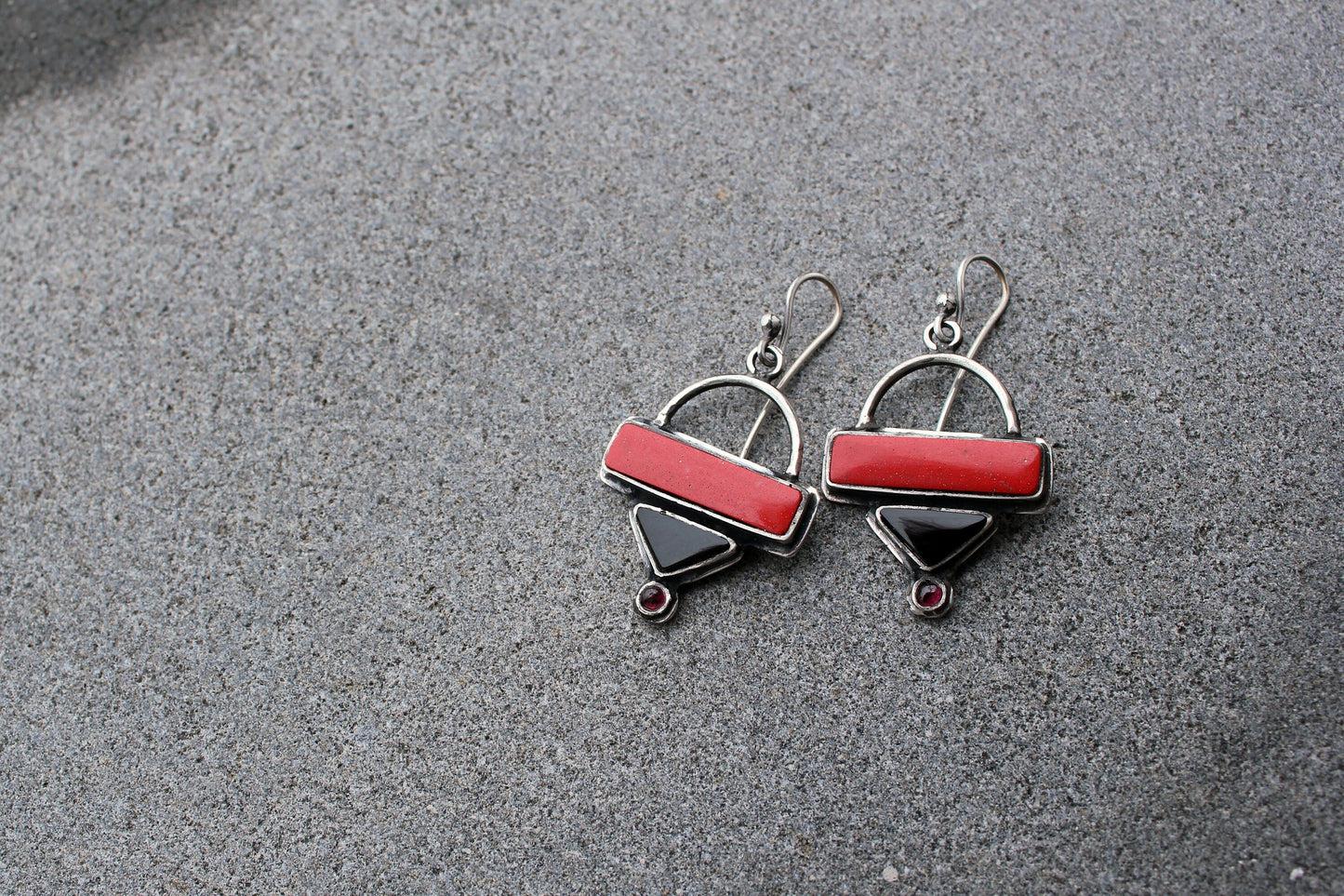 Sterling silver triangle earrings with red pressed coral, black onyx, garnet gemstones, armenian, rustic, silversmith, artisan, gift for her