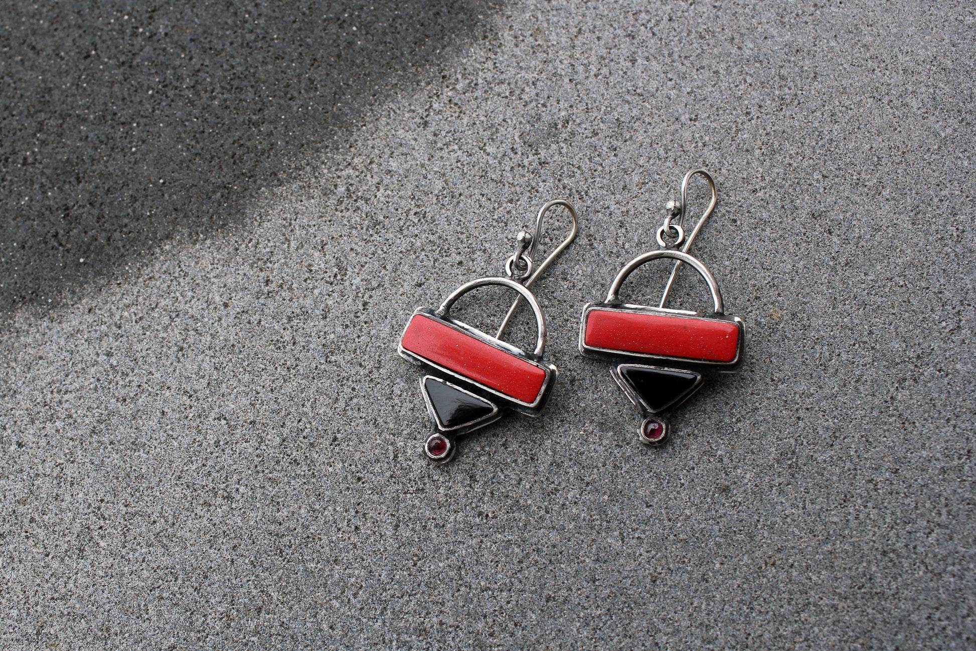 Sterling silver triangle earrings with red pressed coral, black onyx, garnet gemstones, armenian, rustic, silversmith, artisan, gift for her