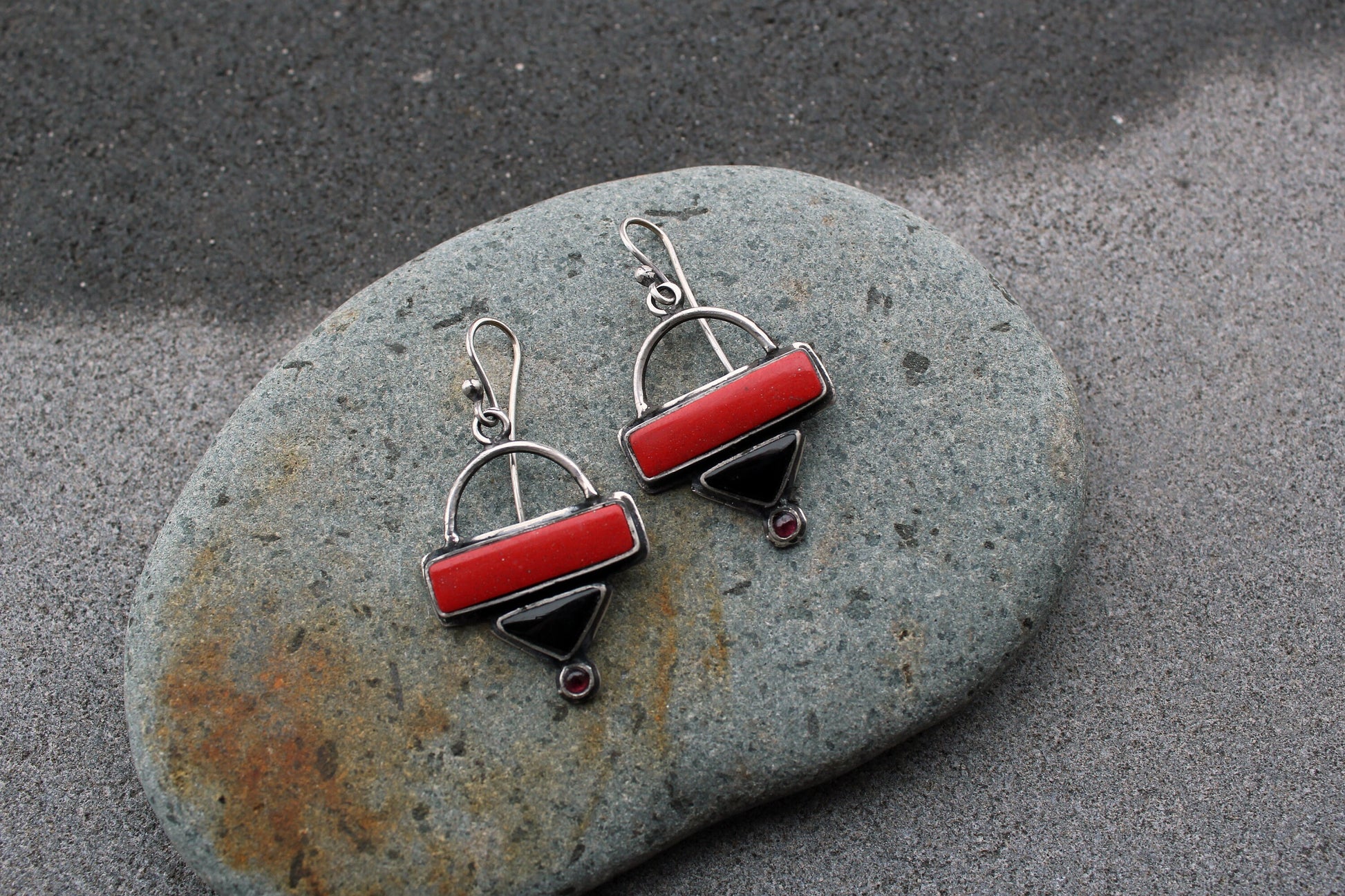 Sterling silver triangle earrings with red pressed coral, black onyx, garnet gemstones, armenian, rustic, silversmith, artisan, gift for her