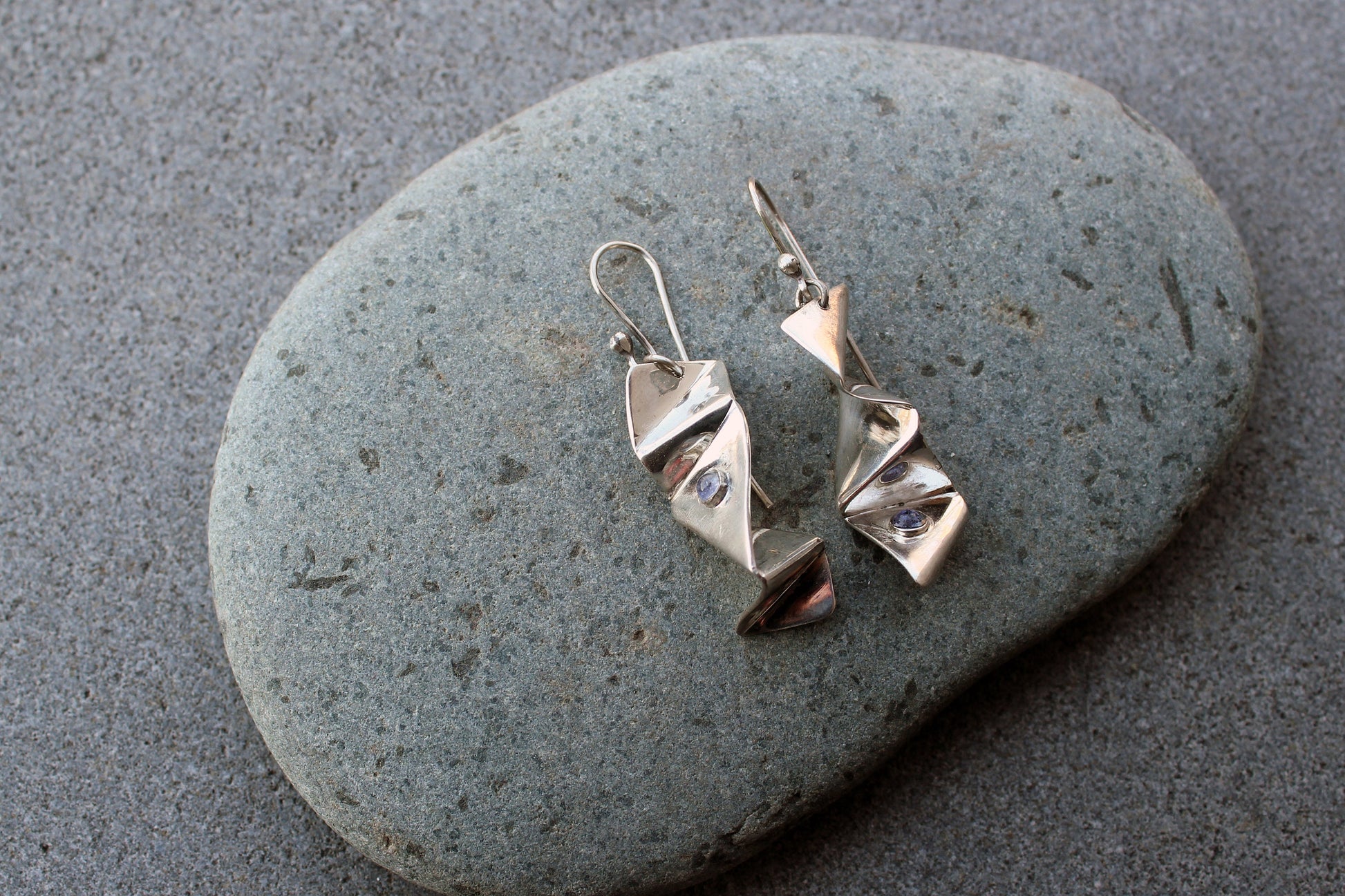 Sterling silver twisted unusual earrings with blue iolite gemstones, urban, silversmith, artisan, gift for her, water, minimalist, modern