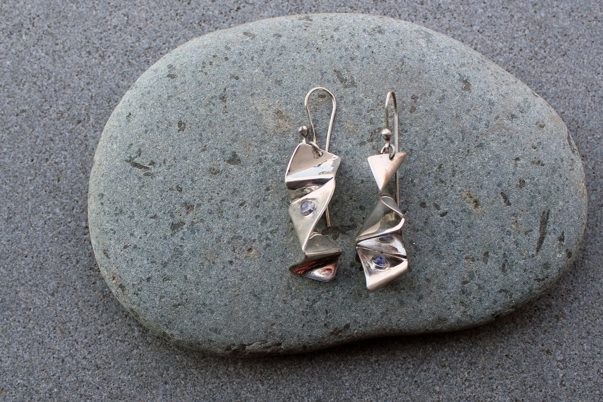 Sterling silver twisted unusual earrings with blue iolite gemstones, urban, silversmith, artisan, gift for her, water, minimalist, modern