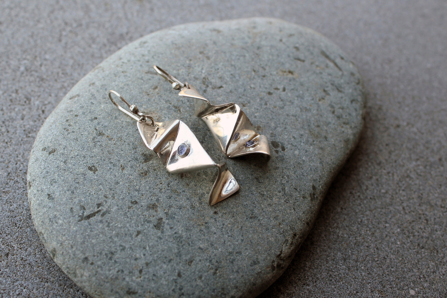 Sterling silver twisted unusual earrings with blue iolite gemstones, urban, silversmith, artisan, gift for her, water, minimalist, modern