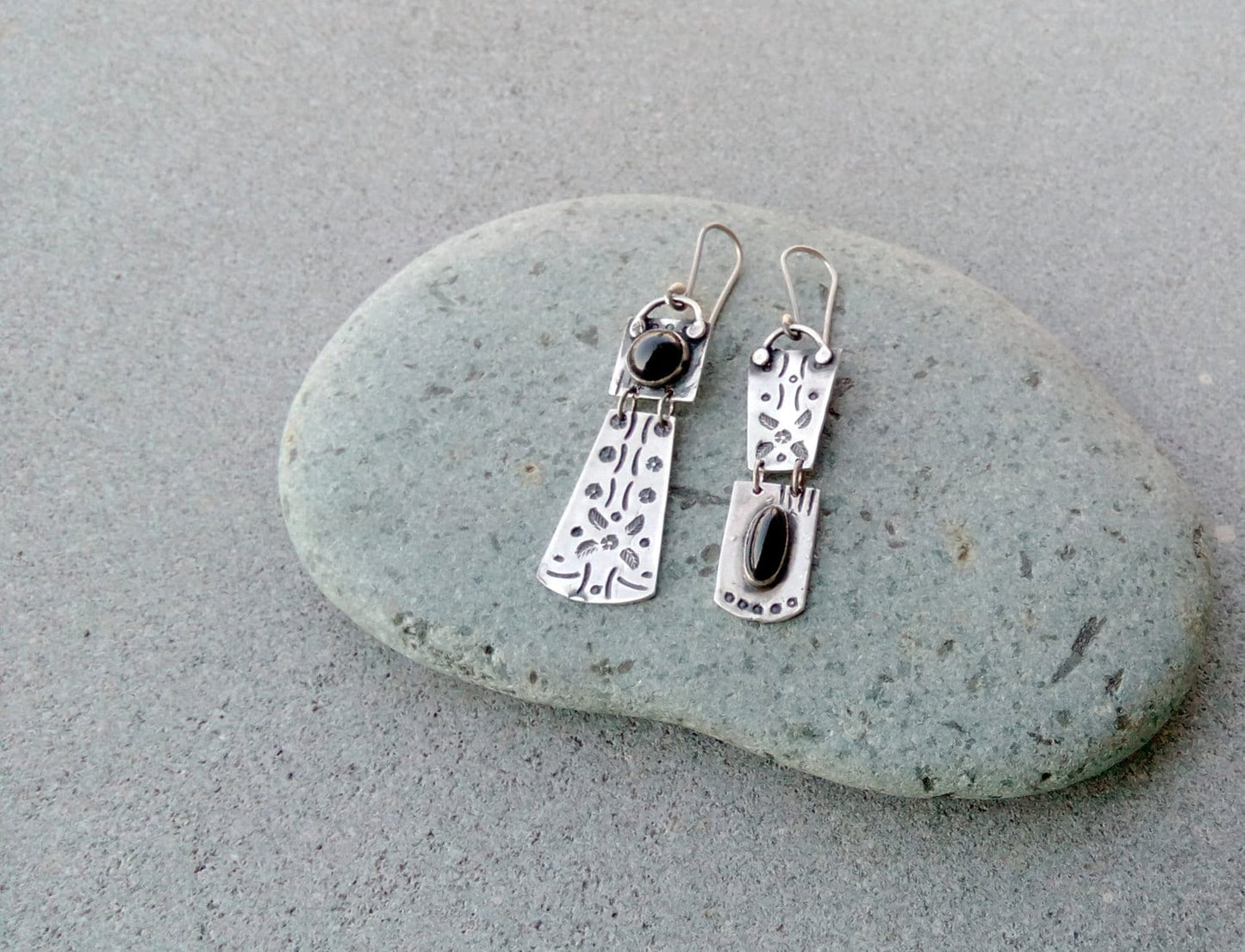 Sterling silver asymmetrical earrings with natural black onyx gemstone, armenian, rustic, artisan, unique, modern, oxidized, silversmith