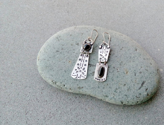 Sterling silver asymmetrical earrings with natural black onyx gemstone, armenian, rustic, artisan, unique, modern, oxidized, silversmith