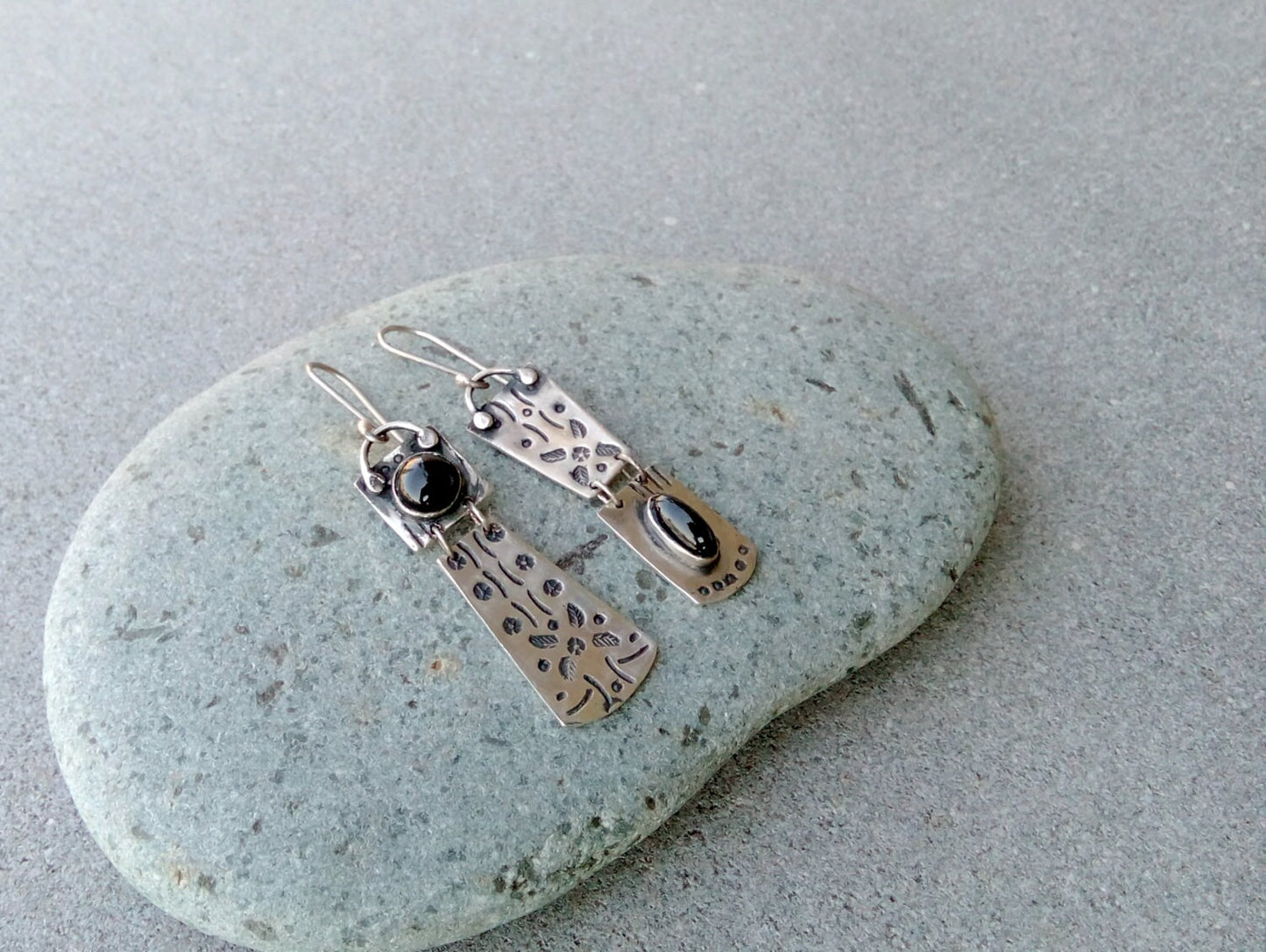 Sterling silver asymmetrical earrings with natural black onyx gemstone, armenian, rustic, artisan, unique, modern, oxidized, silversmith
