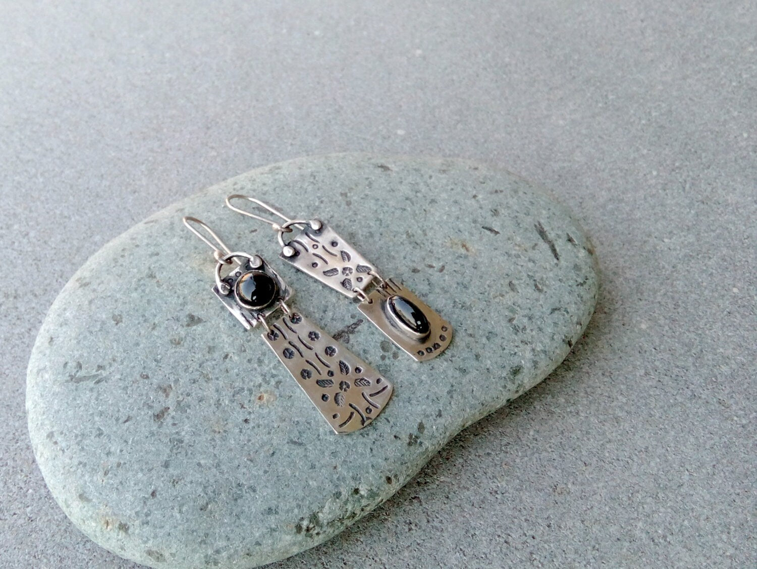 Sterling silver asymmetrical earrings with natural black onyx gemstone, armenian, rustic, artisan, unique, modern, oxidized, silversmith