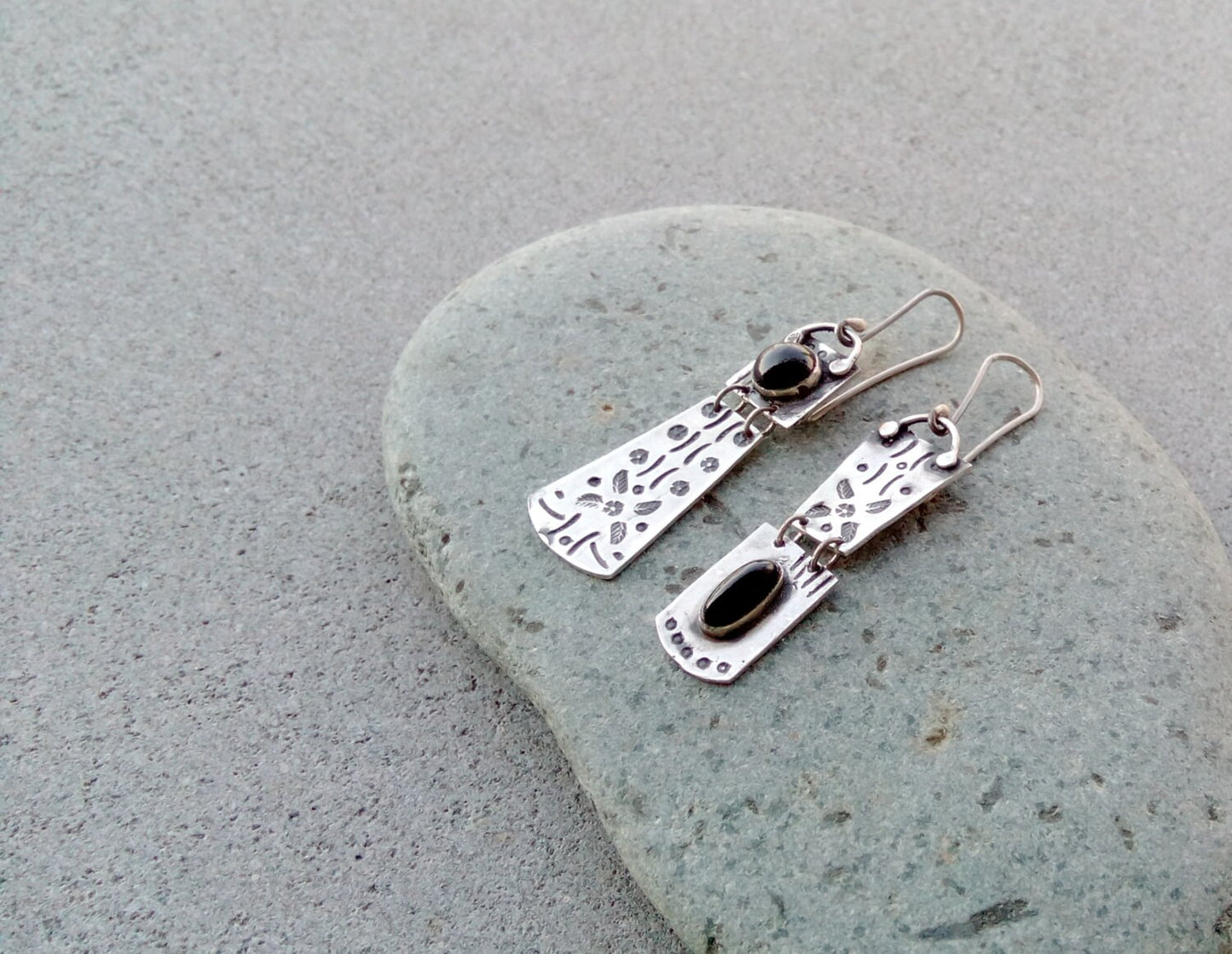 Sterling silver asymmetrical earrings with natural black onyx gemstone, armenian, rustic, artisan, unique, modern, oxidized, silversmith