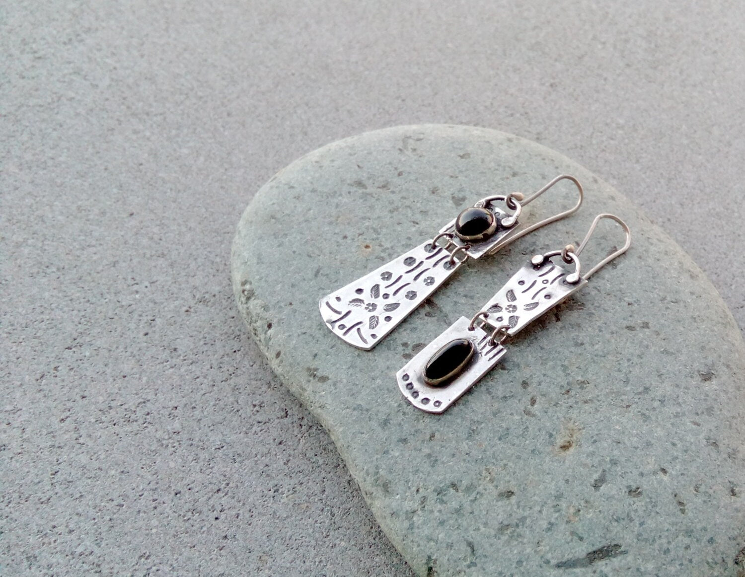 Sterling silver asymmetrical earrings with natural black onyx gemstone, armenian, rustic, artisan, unique, modern, oxidized, silversmith