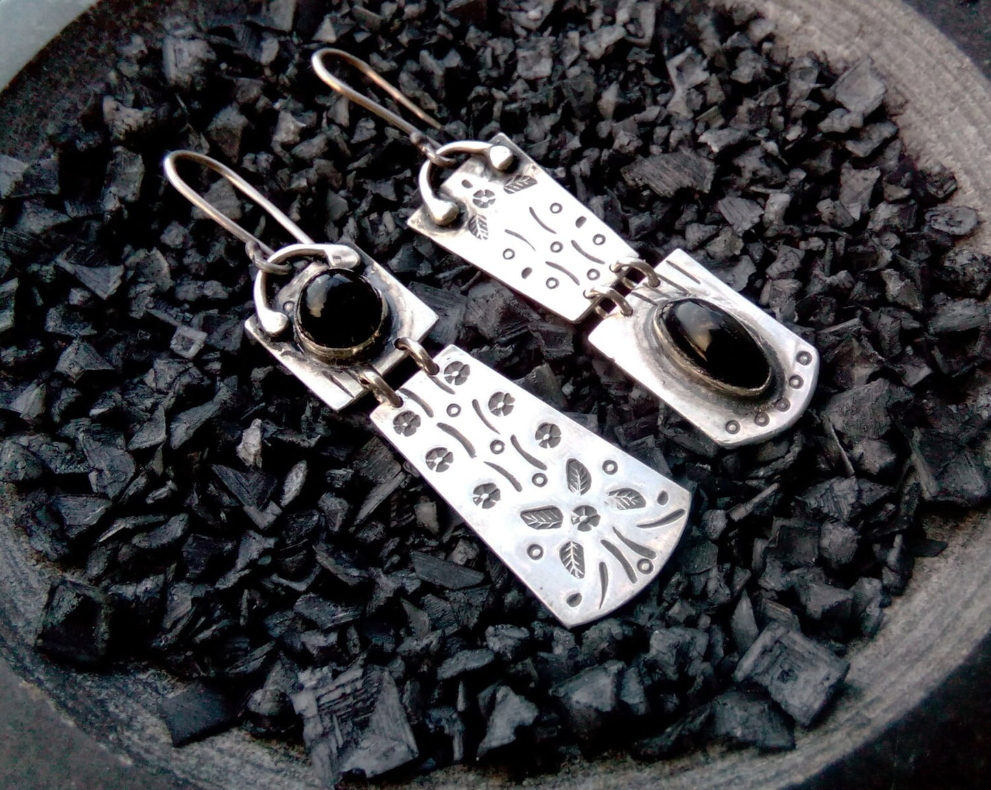 Sterling silver asymmetrical earrings with natural black onyx gemstone, armenian, rustic, artisan, unique, modern, oxidized, silversmith