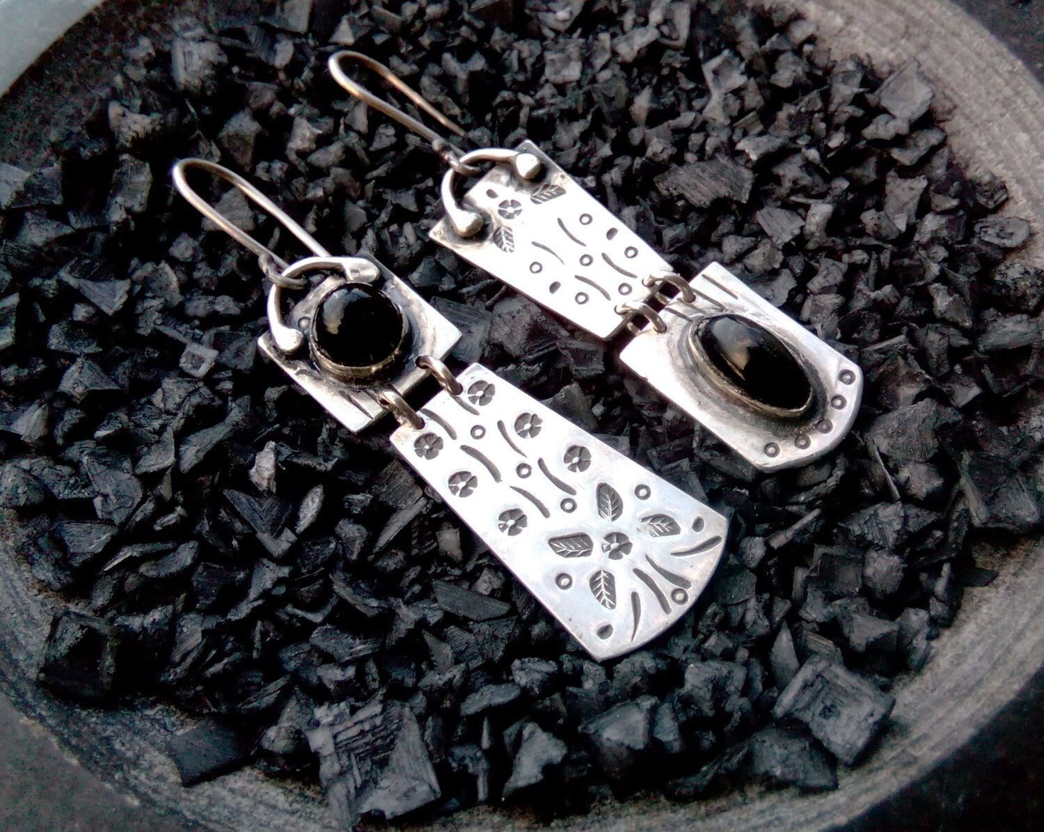 Sterling silver asymmetrical earrings with natural black onyx gemstone, armenian, rustic, artisan, unique, modern, oxidized, silversmith
