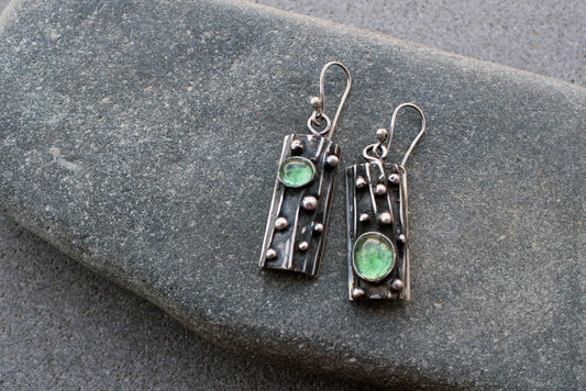 Sterling silver asymmetrical textured black earrings with light green corundum, rustic, silversmith, boho, artisan, tree bark, gift for mom