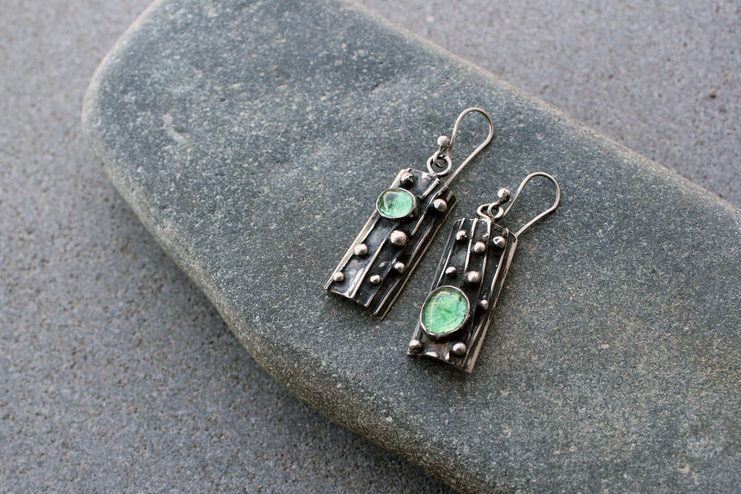 Sterling silver asymmetrical textured black earrings with light green corundum, rustic, silversmith, boho, artisan, tree bark, gift for mom