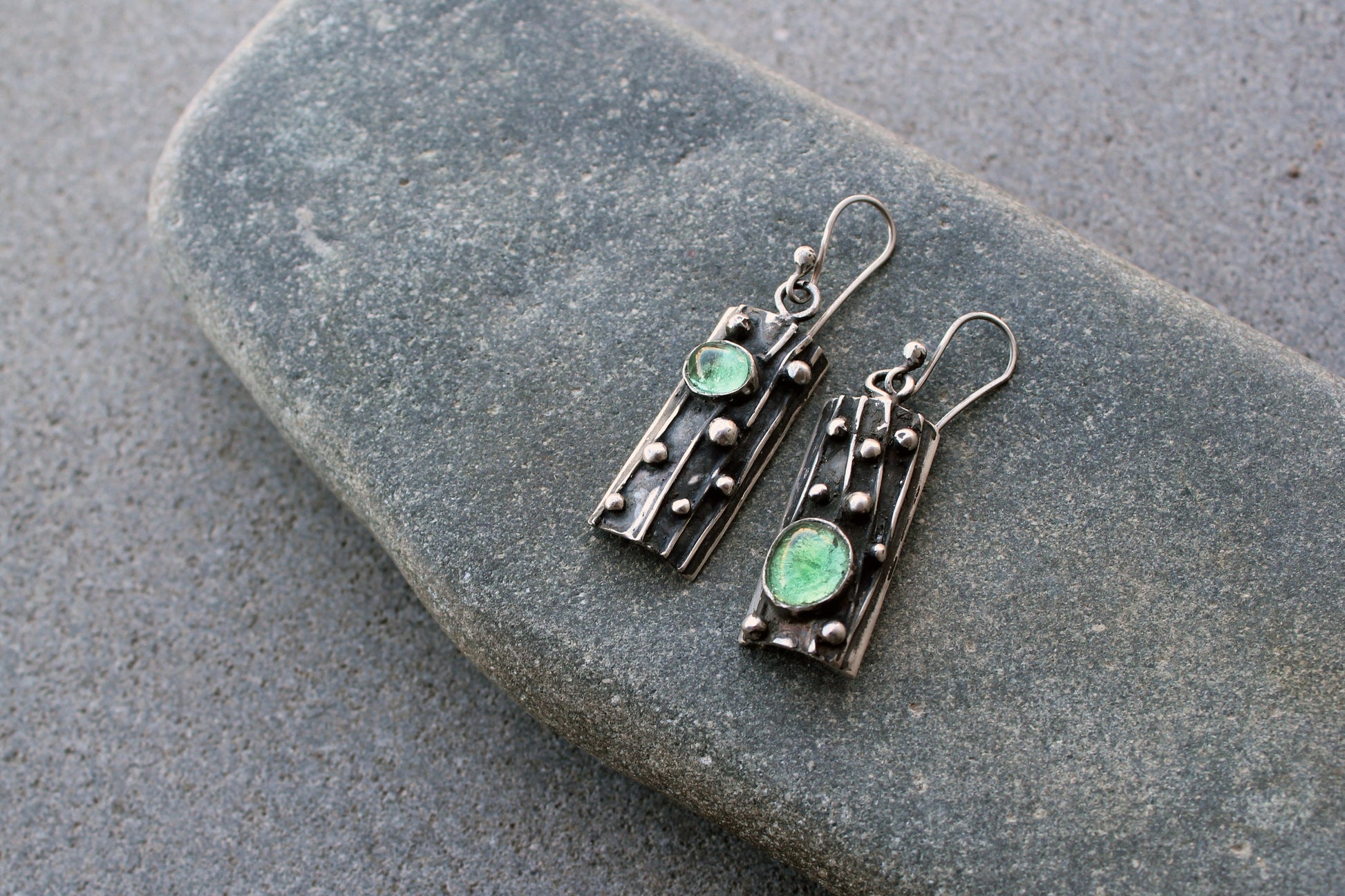 Sterling silver asymmetrical textured black earrings with light green corundum, rustic, silversmith, boho, artisan, tree bark, gift for mom