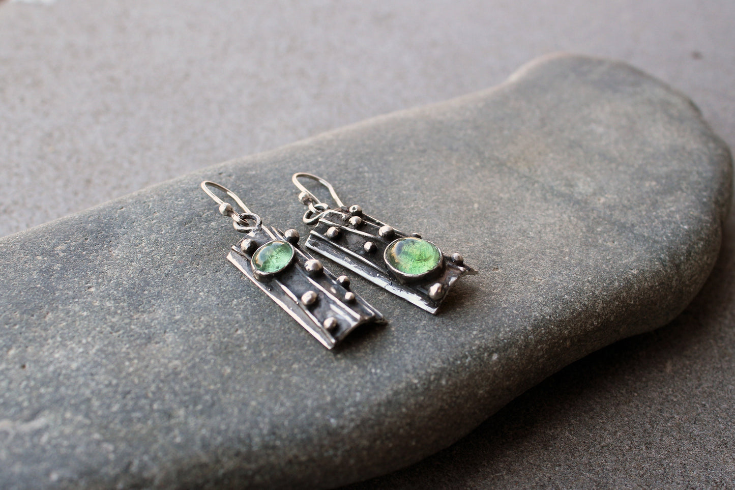 Sterling silver asymmetrical textured black earrings with light green corundum, rustic, silversmith, boho, artisan, tree bark, gift for mom