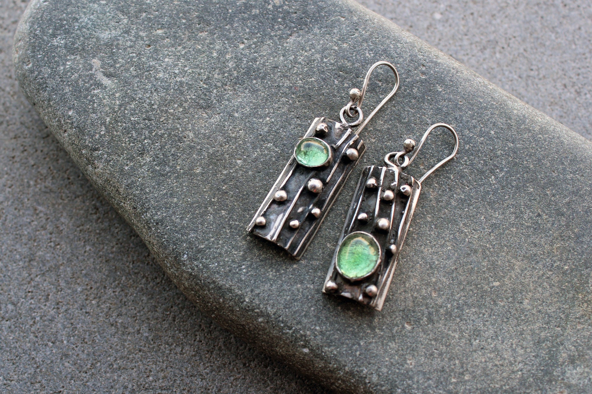 Sterling silver asymmetrical textured black earrings with light green corundum, rustic, silversmith, boho, artisan, tree bark, gift for mom