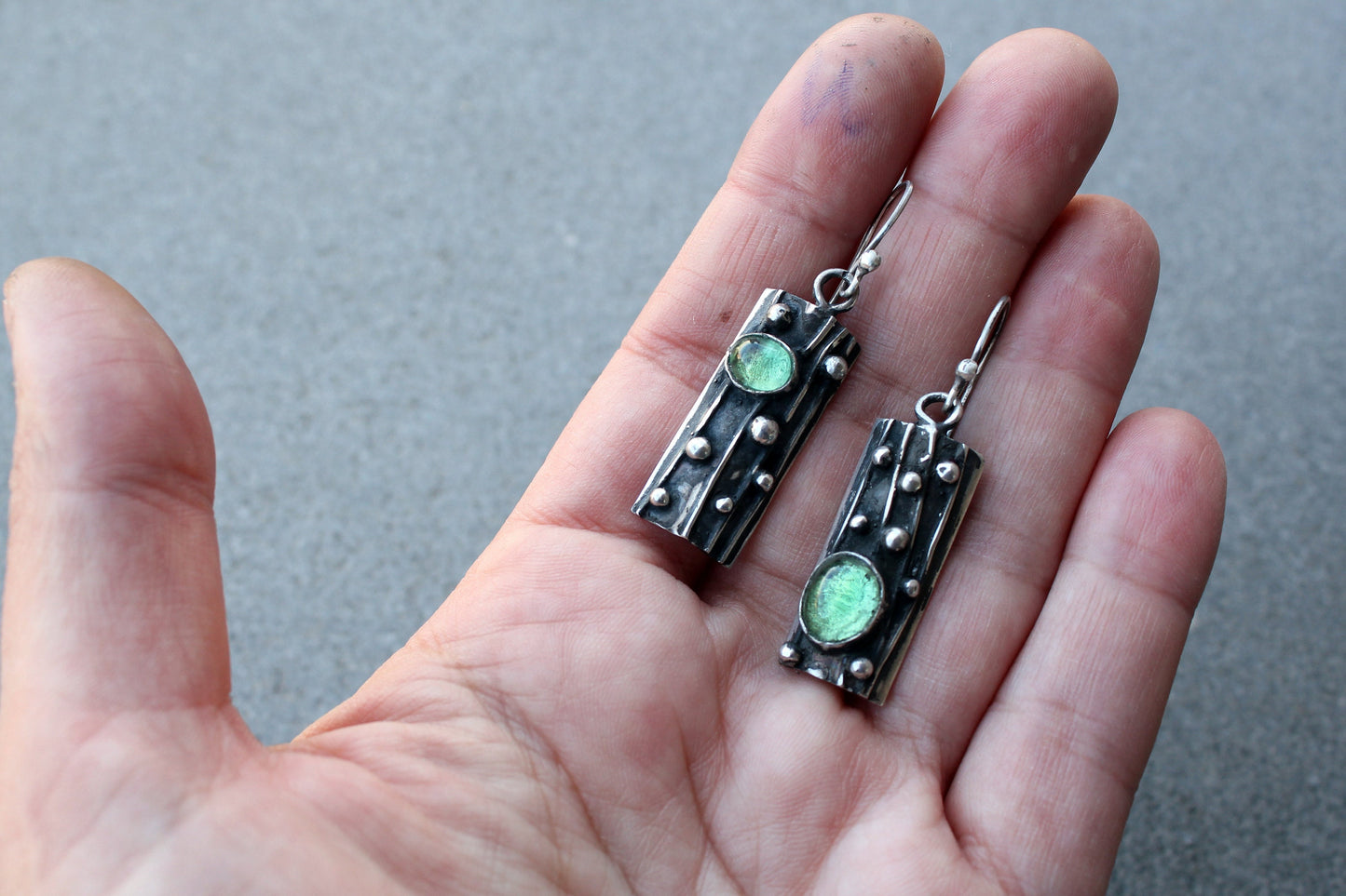 Sterling silver asymmetrical textured black earrings with light green corundum, rustic, silversmith, boho, artisan, tree bark, gift for mom