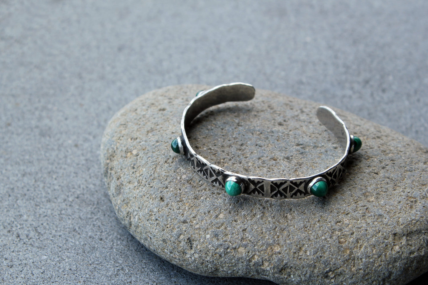 Sterling silver hand stamped thick bangle cuff bracelet with green malachite, armenian, ethnic, silversmith, layered boho, graduation gift