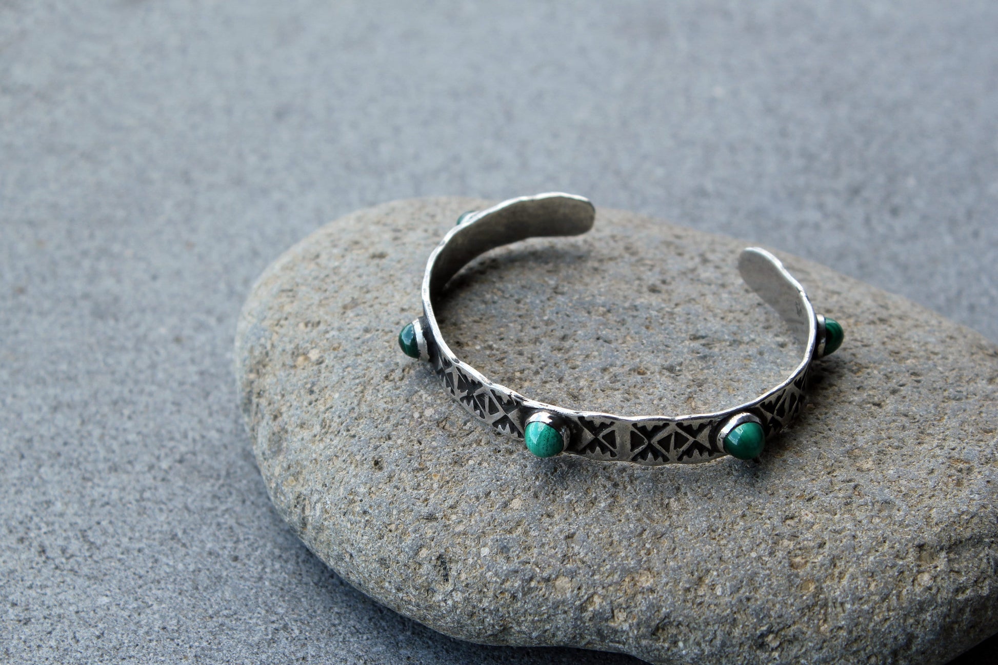 Sterling silver hand stamped thick bangle cuff bracelet with green malachite, armenian, ethnic, silversmith, layered boho, graduation gift