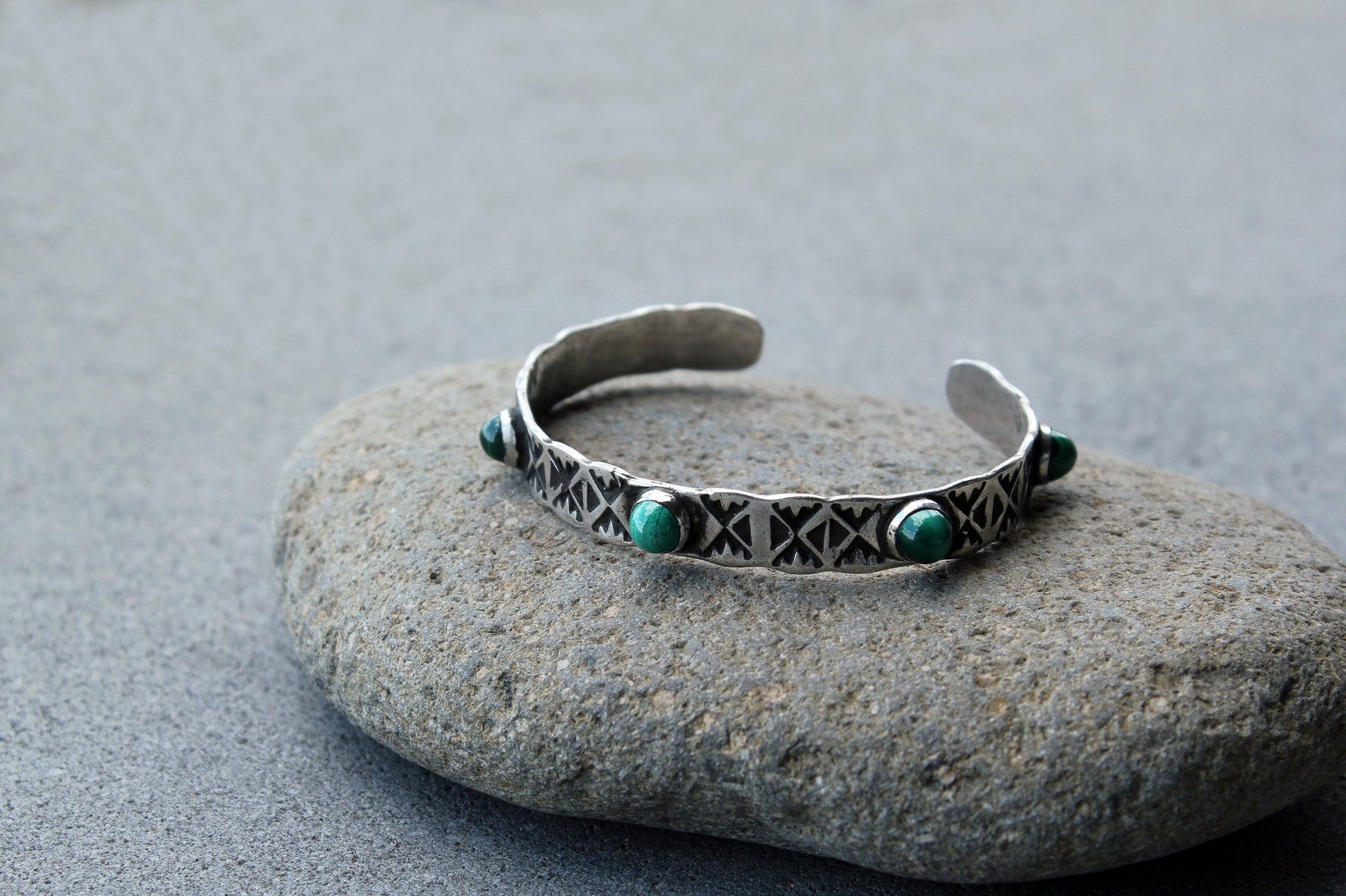 Sterling silver hand stamped thick bangle cuff bracelet with green malachite, armenian, ethnic, silversmith, layered boho, graduation gift