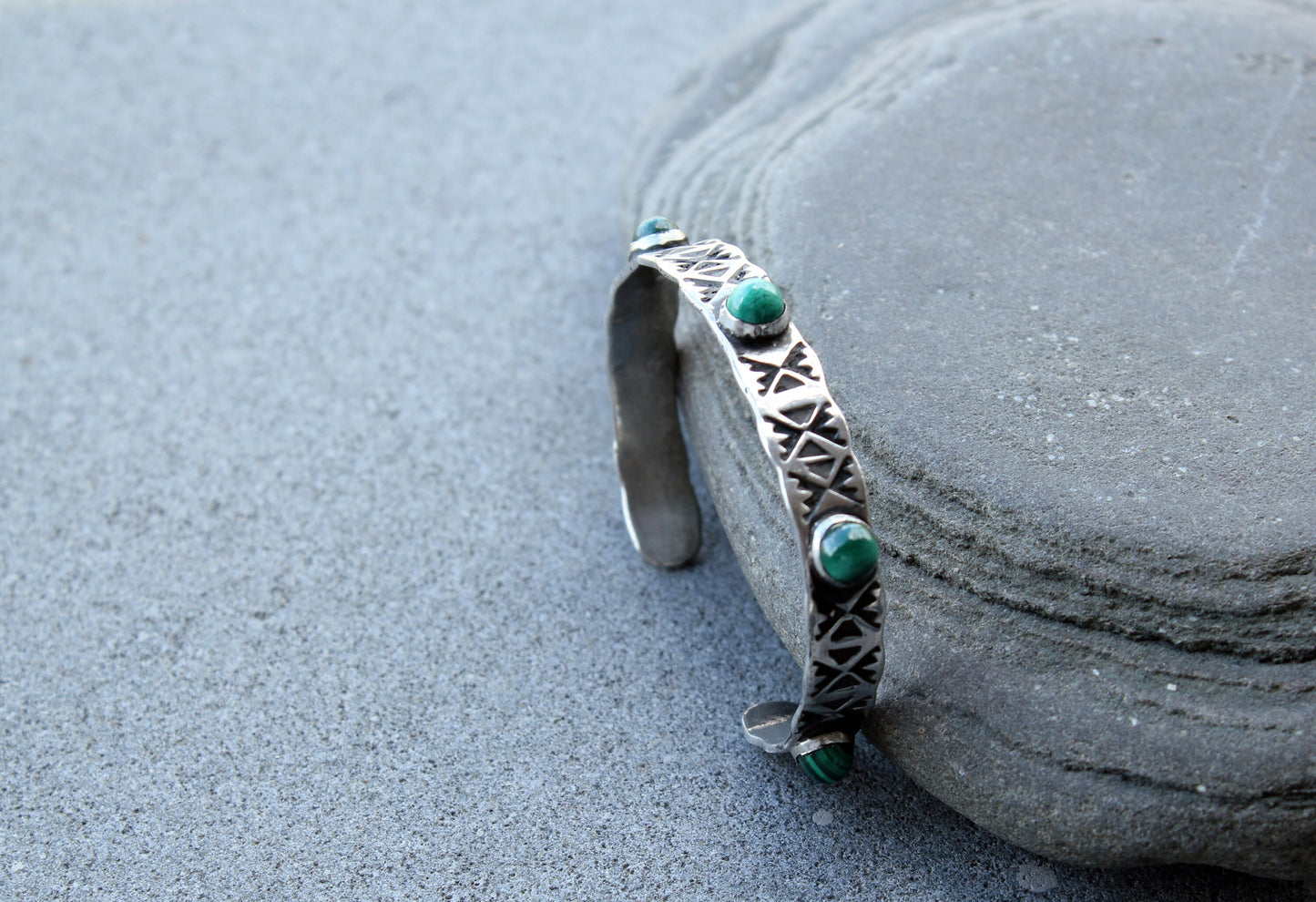 Sterling silver hand stamped thick bangle cuff bracelet with green malachite, armenian, ethnic, silversmith, layered boho, graduation gift