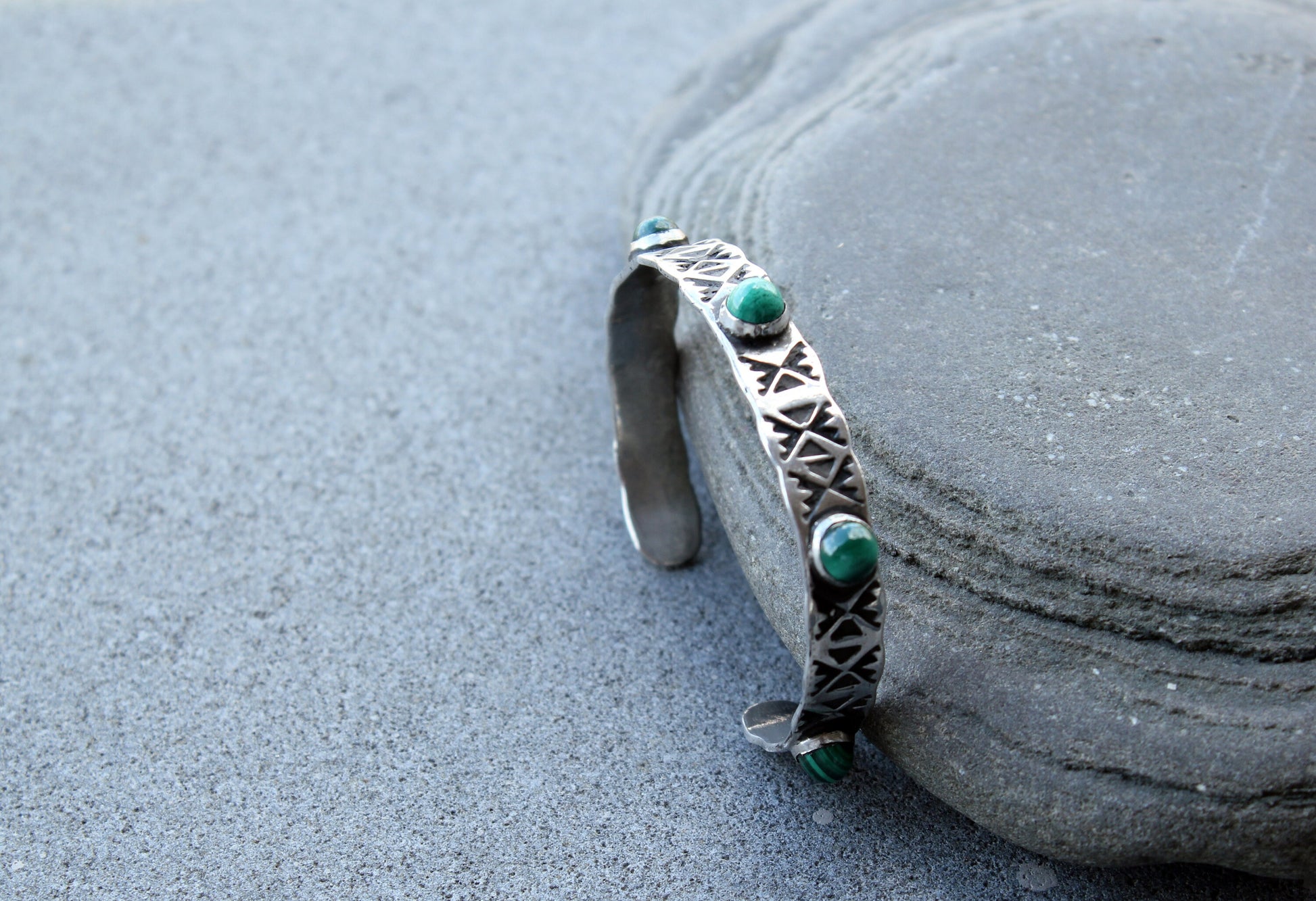 Sterling silver hand stamped thick bangle cuff bracelet with green malachite, armenian, ethnic, silversmith, layered boho, graduation gift