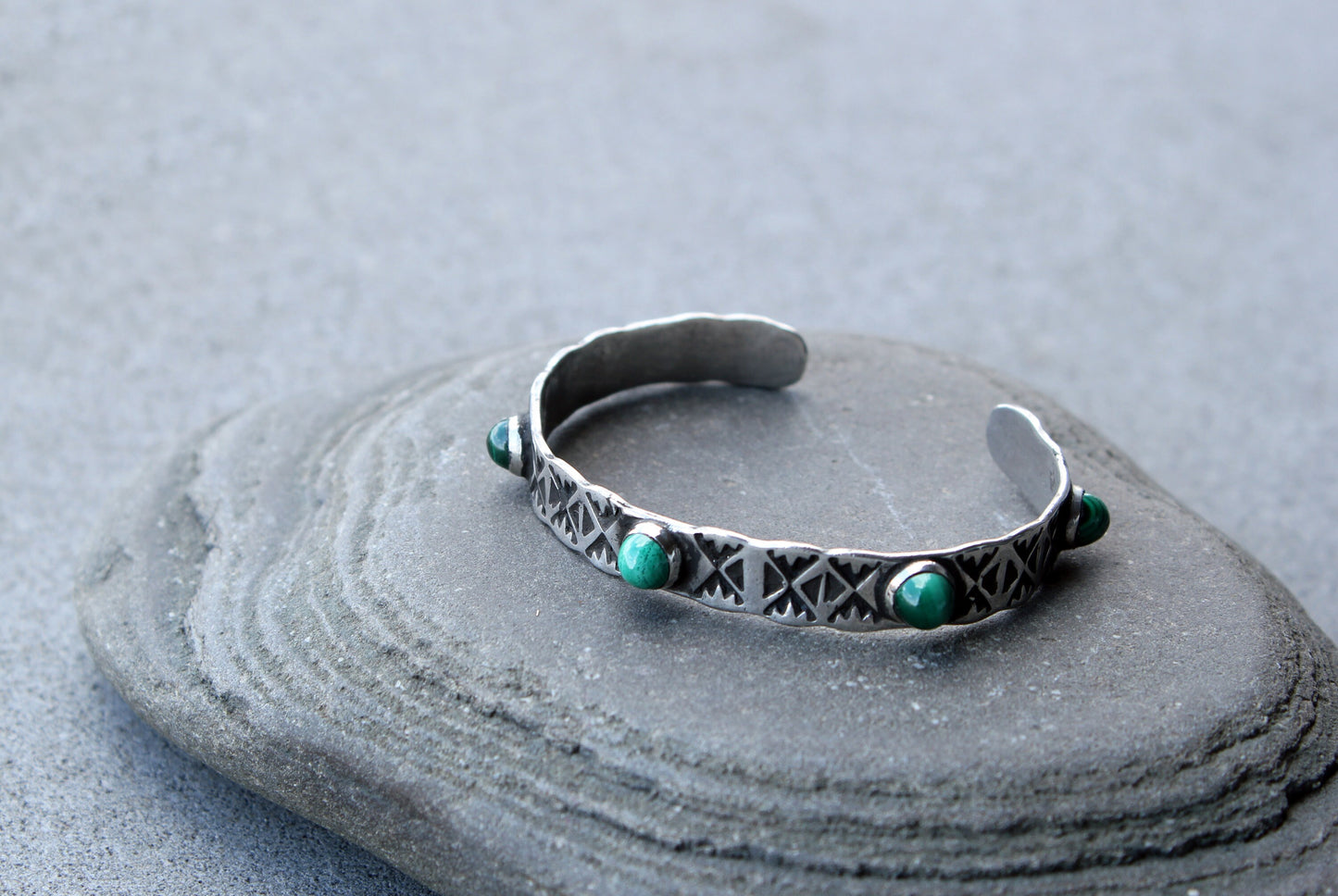 Sterling silver hand stamped thick bangle cuff bracelet with green malachite, armenian, ethnic, silversmith, layered boho, graduation gift