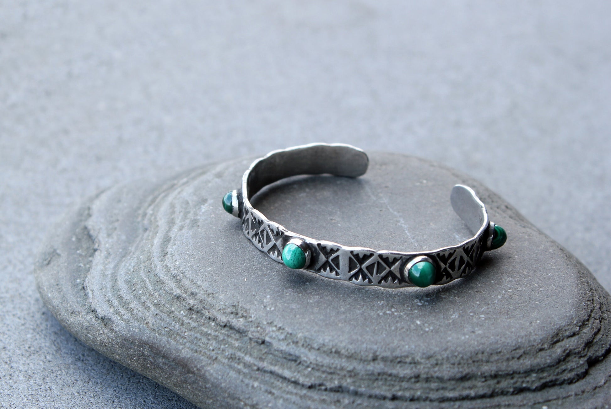 Sterling silver hand stamped thick bangle cuff bracelet with green malachite, armenian, ethnic, silversmith, layered boho, graduation gift