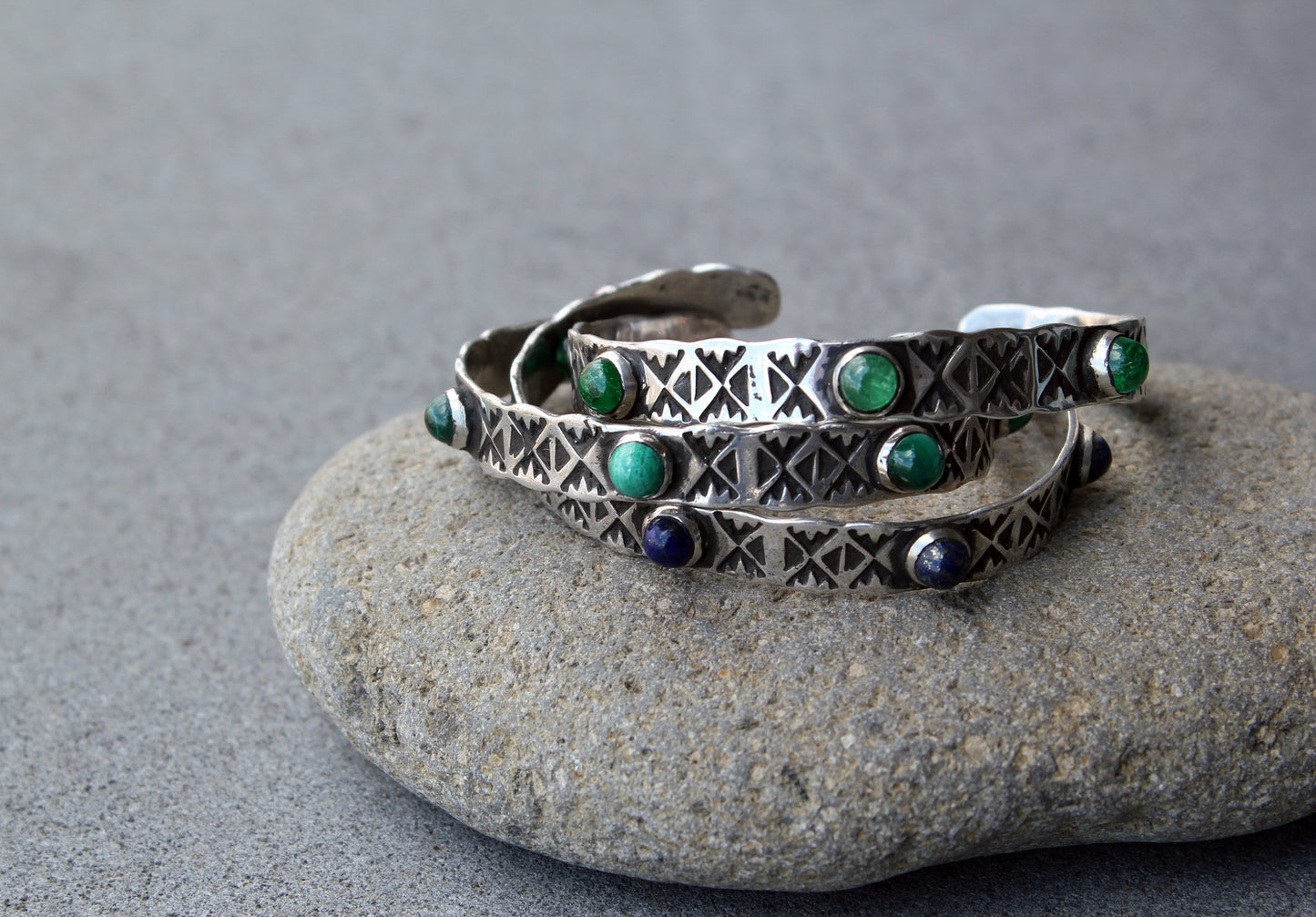 Sterling silver hand stamped thick bangle cuff bracelet with green malachite, armenian, ethnic, silversmith, layered boho, graduation gift