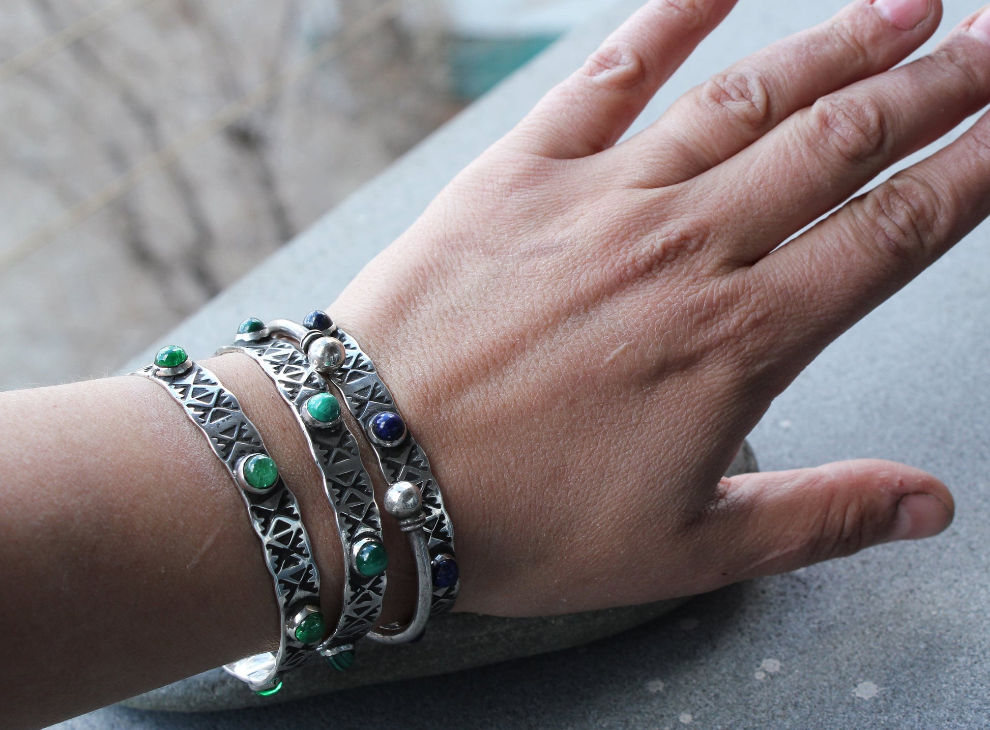 Sterling silver hand stamped thick bangle cuff bracelet with green malachite, armenian, ethnic, silversmith, layered boho, graduation gift