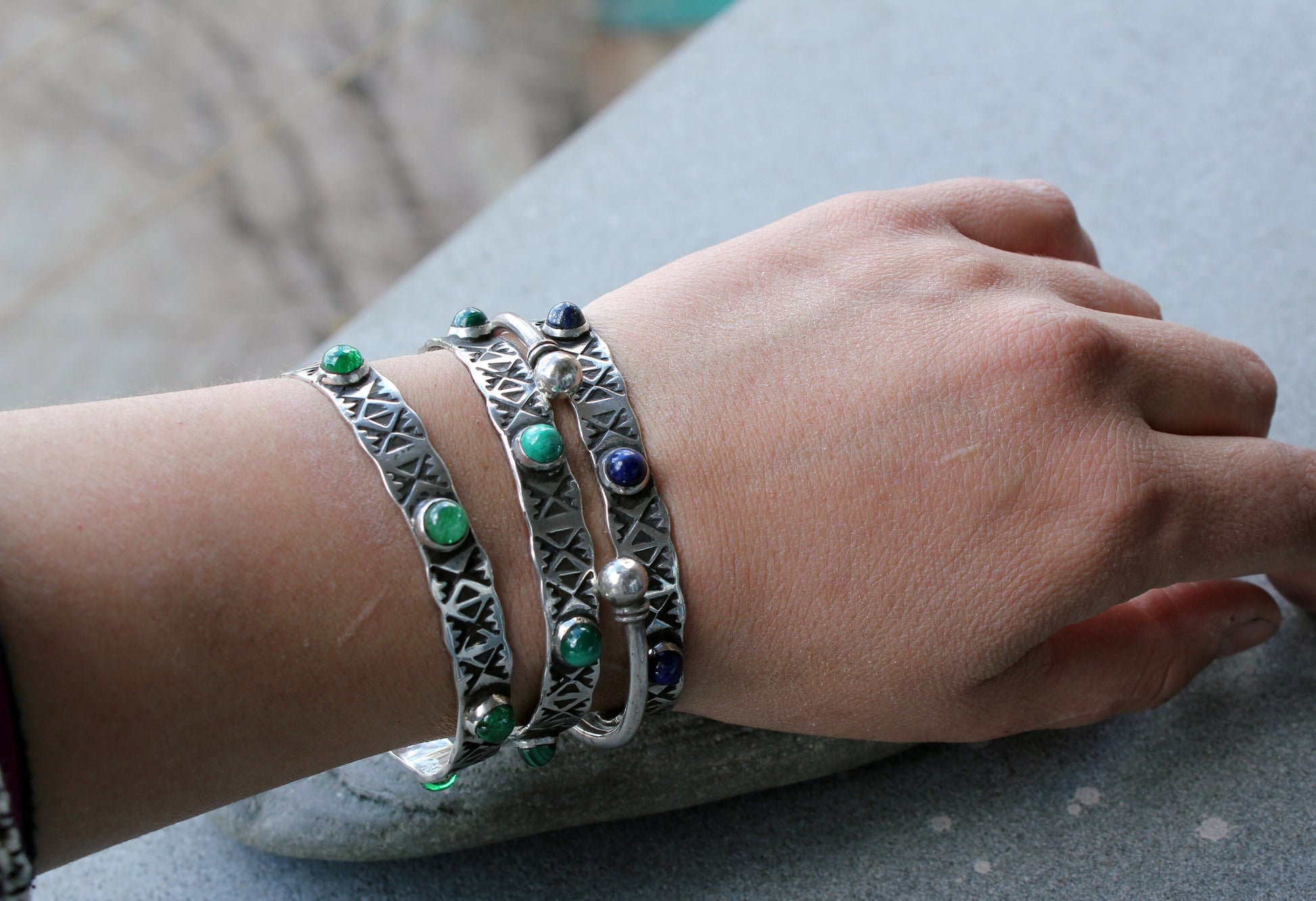 Sterling silver hand stamped thick bangle cuff bracelet with green malachite, armenian, ethnic, silversmith, layered boho, graduation gift