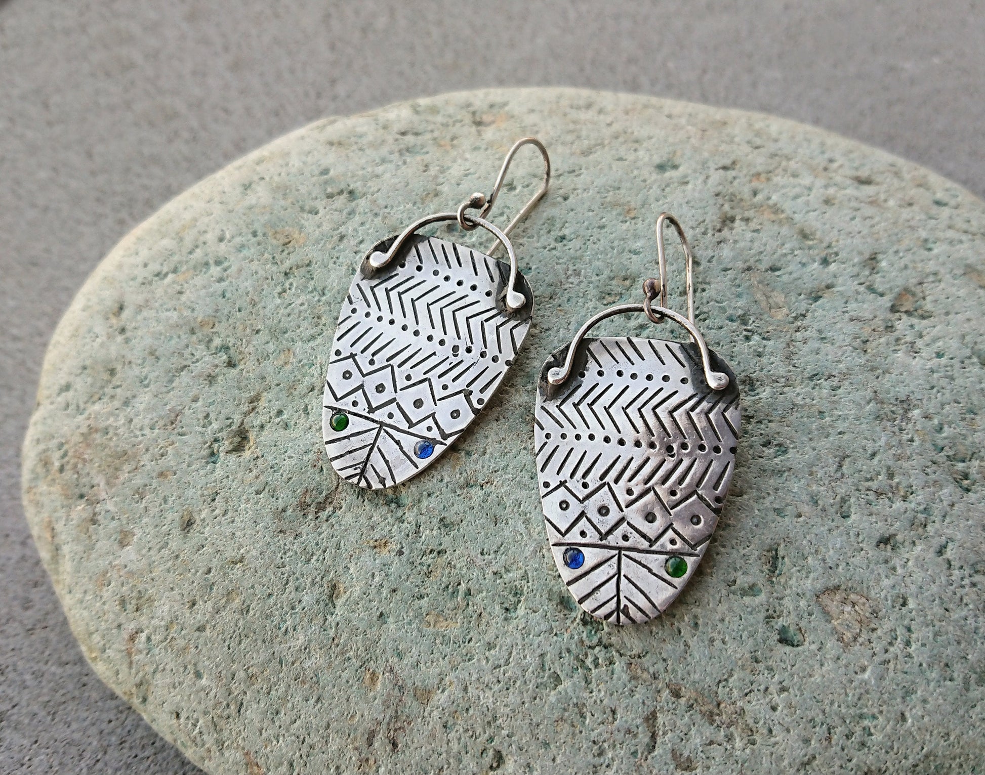 Sterling silver earrings with blue green tiny stones and oxidized stamping, artisan, everyday, unique, etnic, modern, urban, outstanding