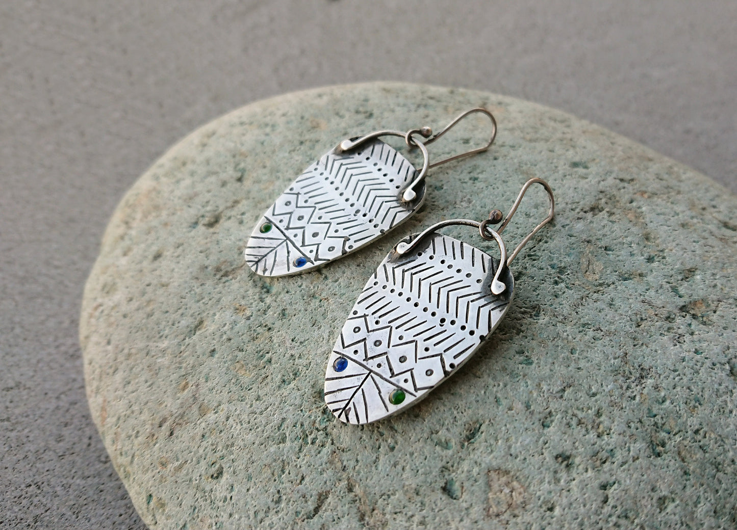 Sterling silver earrings with blue green tiny stones and oxidized stamping, artisan, everyday, unique, etnic, modern, urban, outstanding