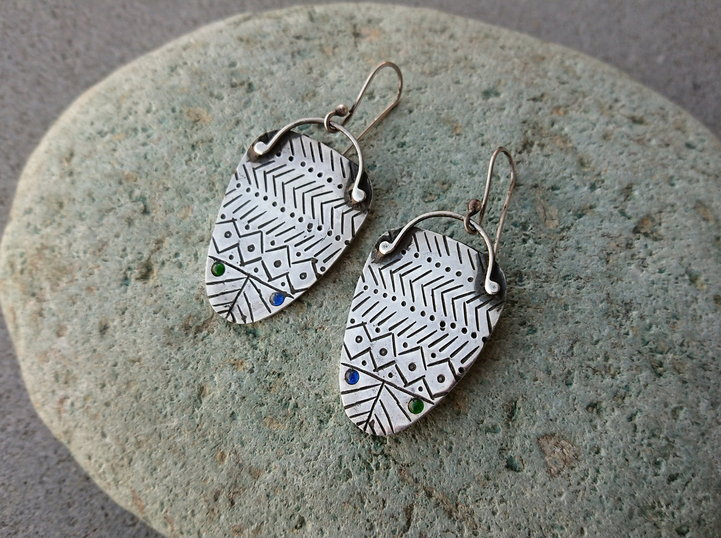 Sterling silver earrings with blue green tiny stones and oxidized stamping, artisan, everyday, unique, etnic, modern, urban, outstanding